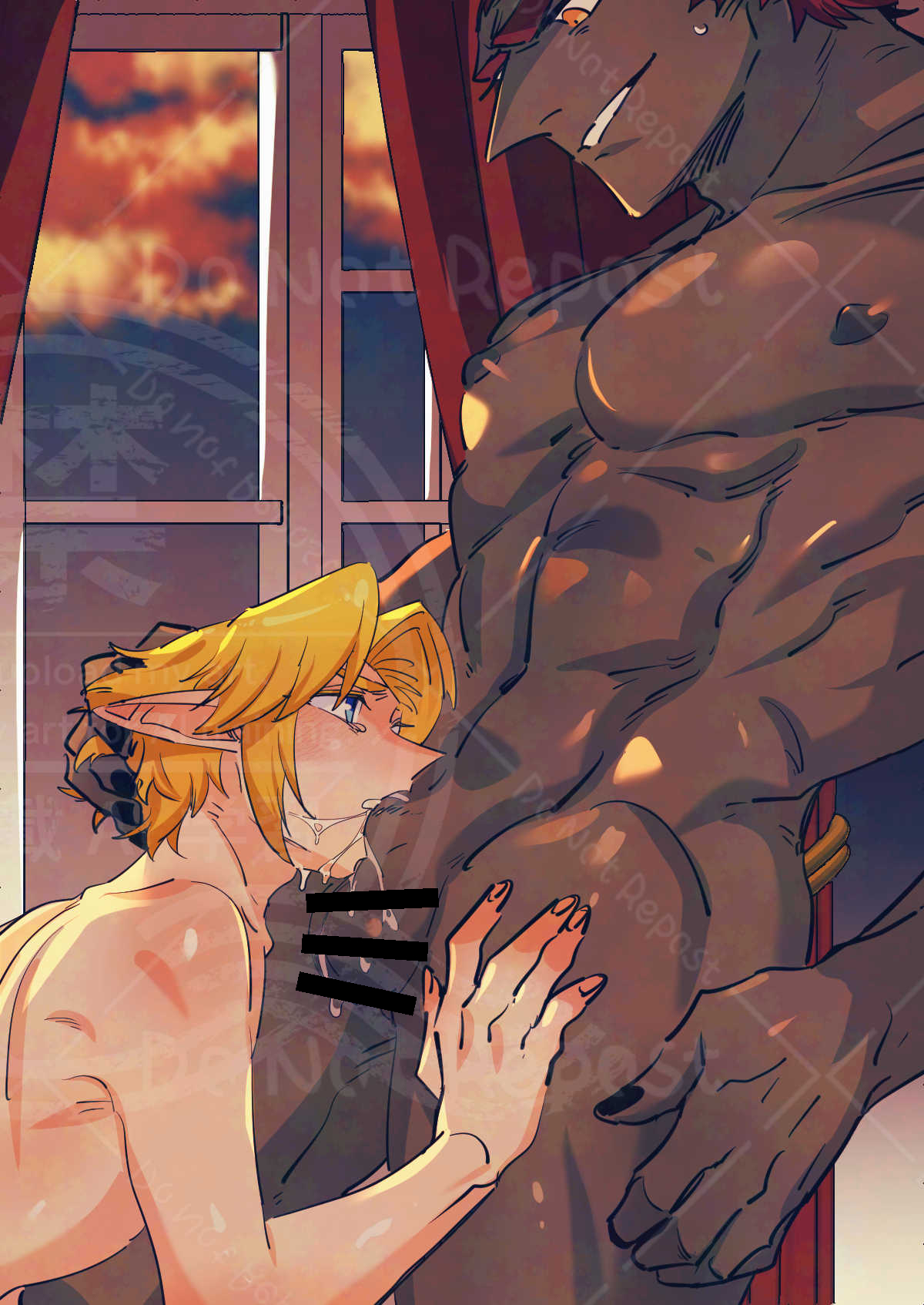 blowjob, censor bar, censored, censored penis, dark skin, dark-skinned male, ganondorf, ganondorf (ocarina of time), gay, light skin, light-skinned male, link, link (ocarina of time), male, male only, male/male, ocarina of time, penis, rani grb, size difference, sucking penis, the legend of zelda, twink, twink and daddy
