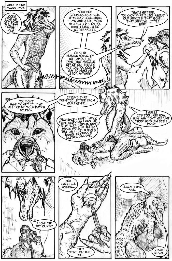 alligator anthro bondage bound braid canine claws clothing comic crying dialog english_text female flat_chested forced fox fur gag gun hair lying male mulefoot muzzle_(object) muzzled needle nude penetration pussy ranged_weapon rape reptile scalie scar scared sedative sex shirt sitting slop smile standing straight syringe teeth text vaginal_penetration weapon whine wig