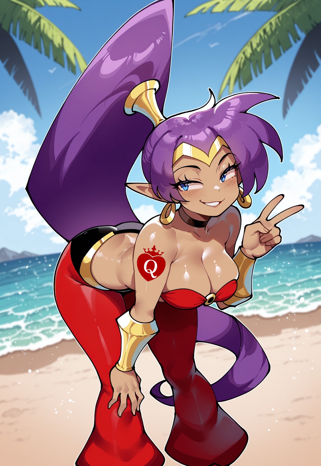 1girls, ai generated, ass, beach, bent over, bleached, blue eyes, breasts, civitai, dark skin, dark-skinned female, dug-lith-pls, earrings, edit, edited, female, female focus, female only, jewelry, large ass, large breasts, long ponytail, looking at viewer, peace sign, ponytail, purple hair, queen of hearts, seductive eyes, seductive look, shantae, shantae (character), shiny, shiny skin, smug grin, solo, solo female, solo focus, sweaty, tagme, tan-skinned female, tattoo, tattoo edit, tattoo on arm, v sign