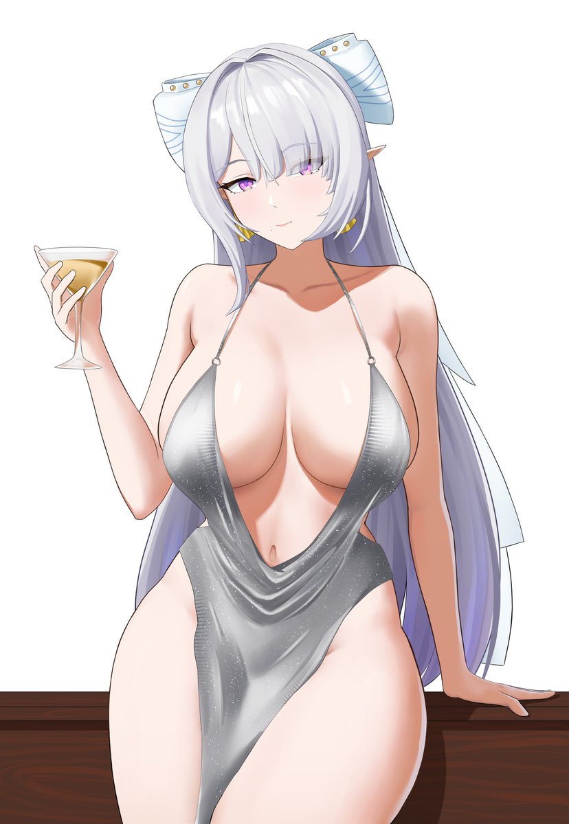 1girl, breasts, closed mouth, collarbone, cup, double slit dress, dress, drink, drinking glass, earrings, grey dress, grey hair, hair over one eye, halter dress, halterneck, highres, holding, holding cup, holding drink, jewelry, large breasts, long hair, looking at viewer, navel, no bra, no panties, plunging neckline, pointy ears, purple eyes, simple background, sitting, smile, solo, thighs, velina airgid, white background, zenless zone zero