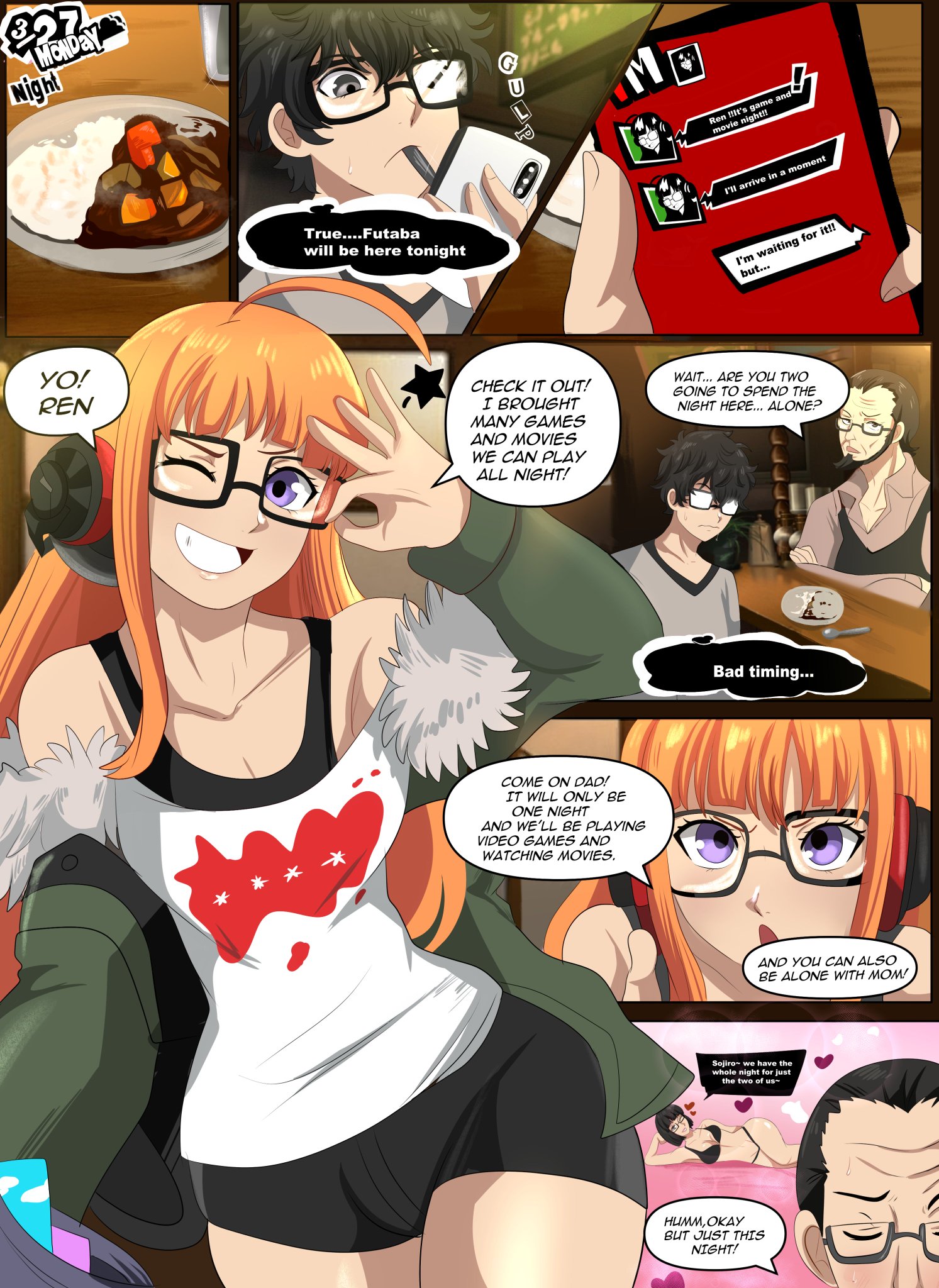 1boy, 1girls, clothed, clothed female, clothed male, comic, comic page, female, glasses, joker (persona), karbuitt, male, page 1, persona, persona 5, ren amamiya, sakura futaba, sega, sojiro sakura, wakaba ishiki, wink