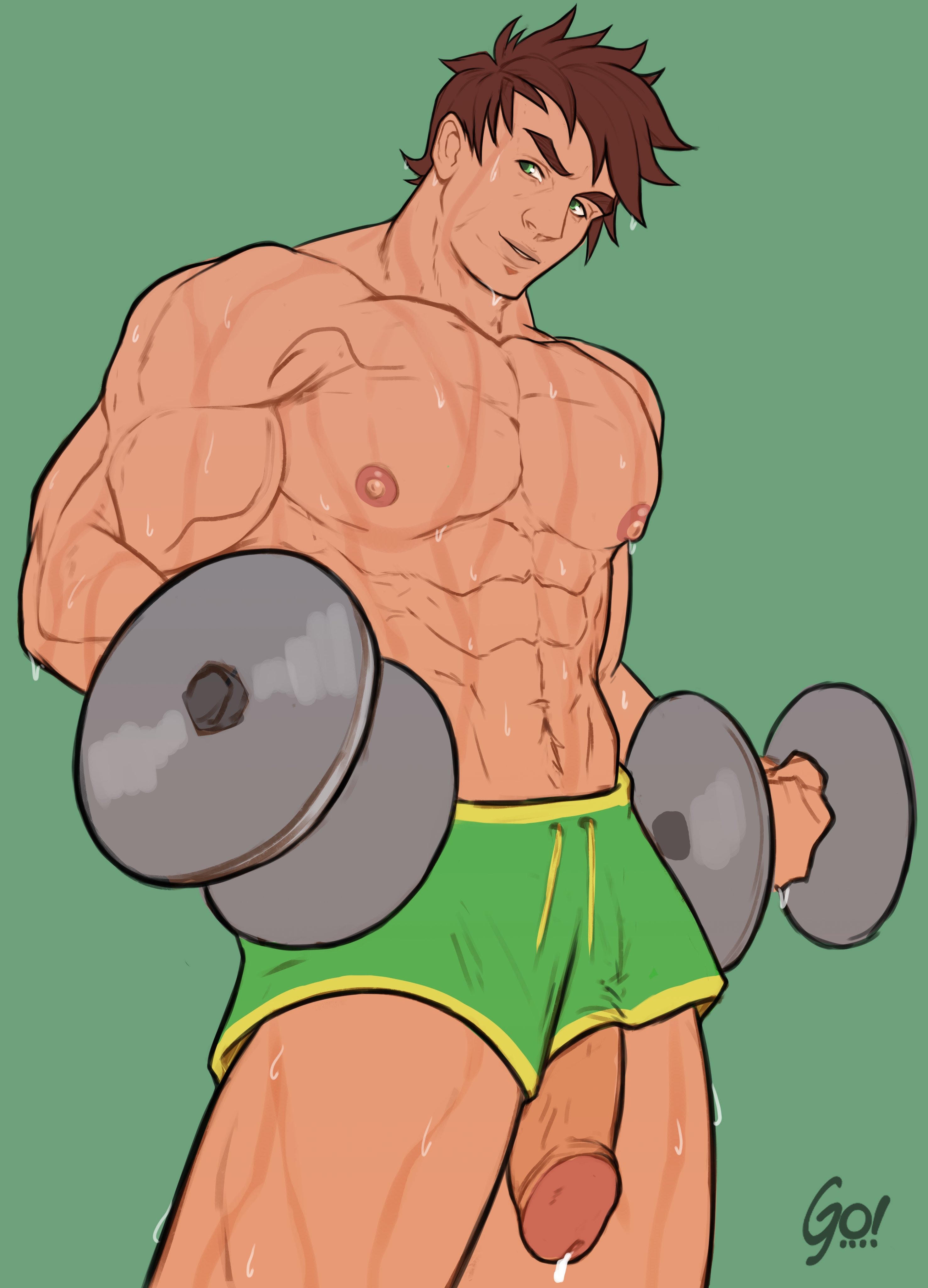 alex mullner, brown hair, cock, fit, fit male, golewdgo, green eyes, gym, gym shorts, leaking, leaking cum, male, male only, muscular, muscular male, penis, precum, precum drip, solo, solo focus, solo male, stardew valley, sweaty, sweaty body, weightlifting, weights, working out, workout