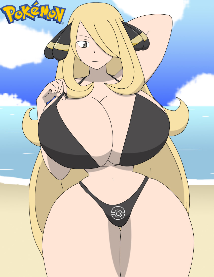 alternate body type, alternate breast size, armpits, bikini, blonde hair, breasts, cynthia (pokemon), female, female only, grey eyes, huge breasts, human, igphhangout, orihime inoue8, pokemon, solo, solo female, swimsuit, thick thighs, thighs