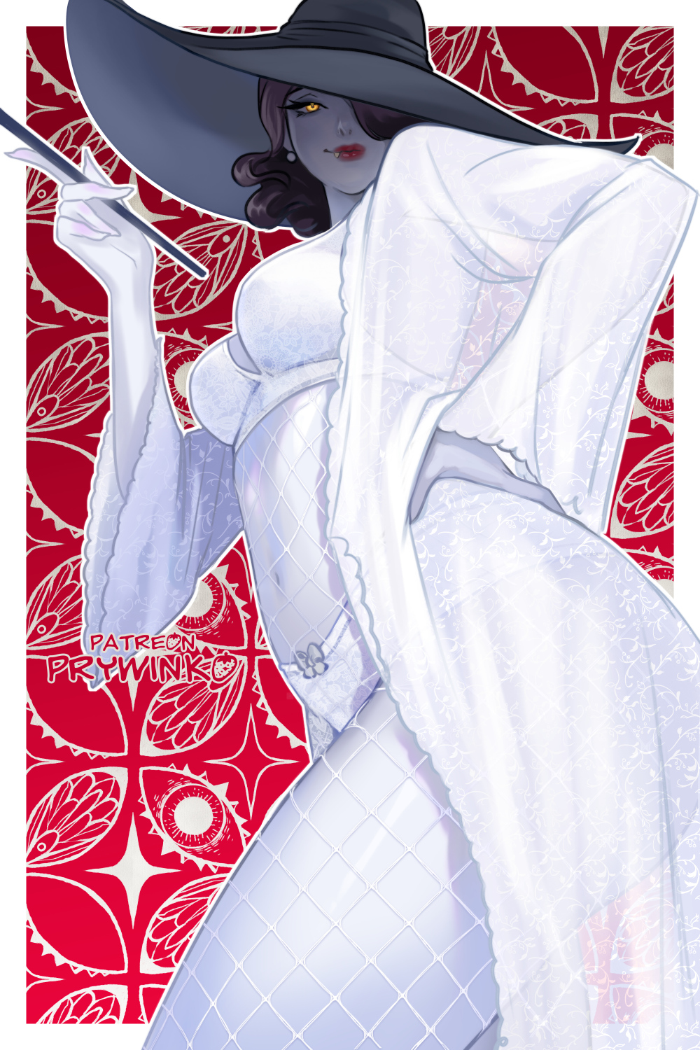 1girls, alcina dimitrescu, black hair, bra, capcom, female, female only, fishnet bodysuit, fishnets, hand on hip, hat, hi res, large hat, light skin, light-skinned female, looking at viewer, pale skin, pale-skinned female, panties, prywinko, red lipstick, resident evil, resident evil 8: village, robe, smiling, smiling at viewer, solo, yellow eyes