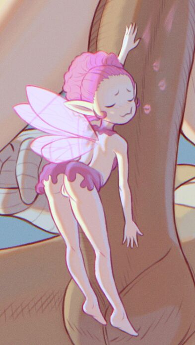 1boy, 1girls, artist request, berserk, elf, evarella, extreme size difference, fairy, female, giant, guts (berserk), kiss mark, larger male, long ears, macro, male, male/female, massive penis, micro, micro female, micro on macro, micro on penis, no panties, partially clothed, penis, pink hair, size difference, smaller female, wings