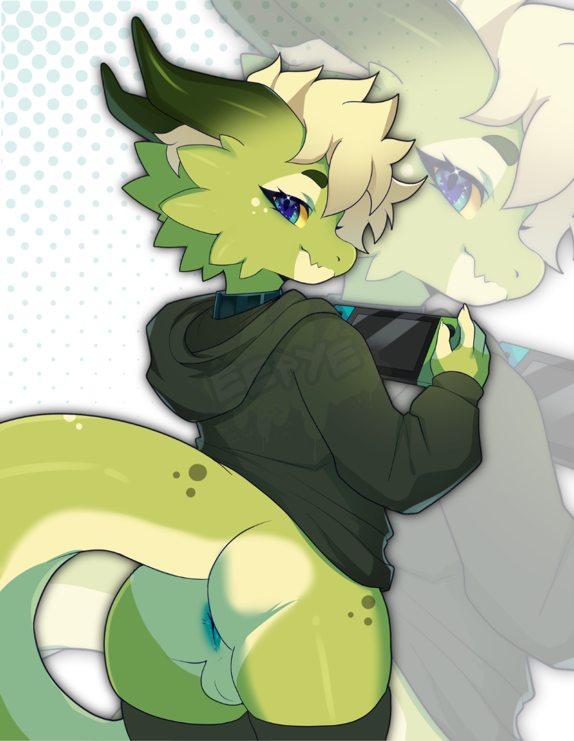 anthro anus bottomless choker clothed clothing eepyes femboy gaming hoodie hoodie_only horn jewelry kobold male necklace nintendo_switch playing_video_game scales scalie solo tail topwear topwear_only