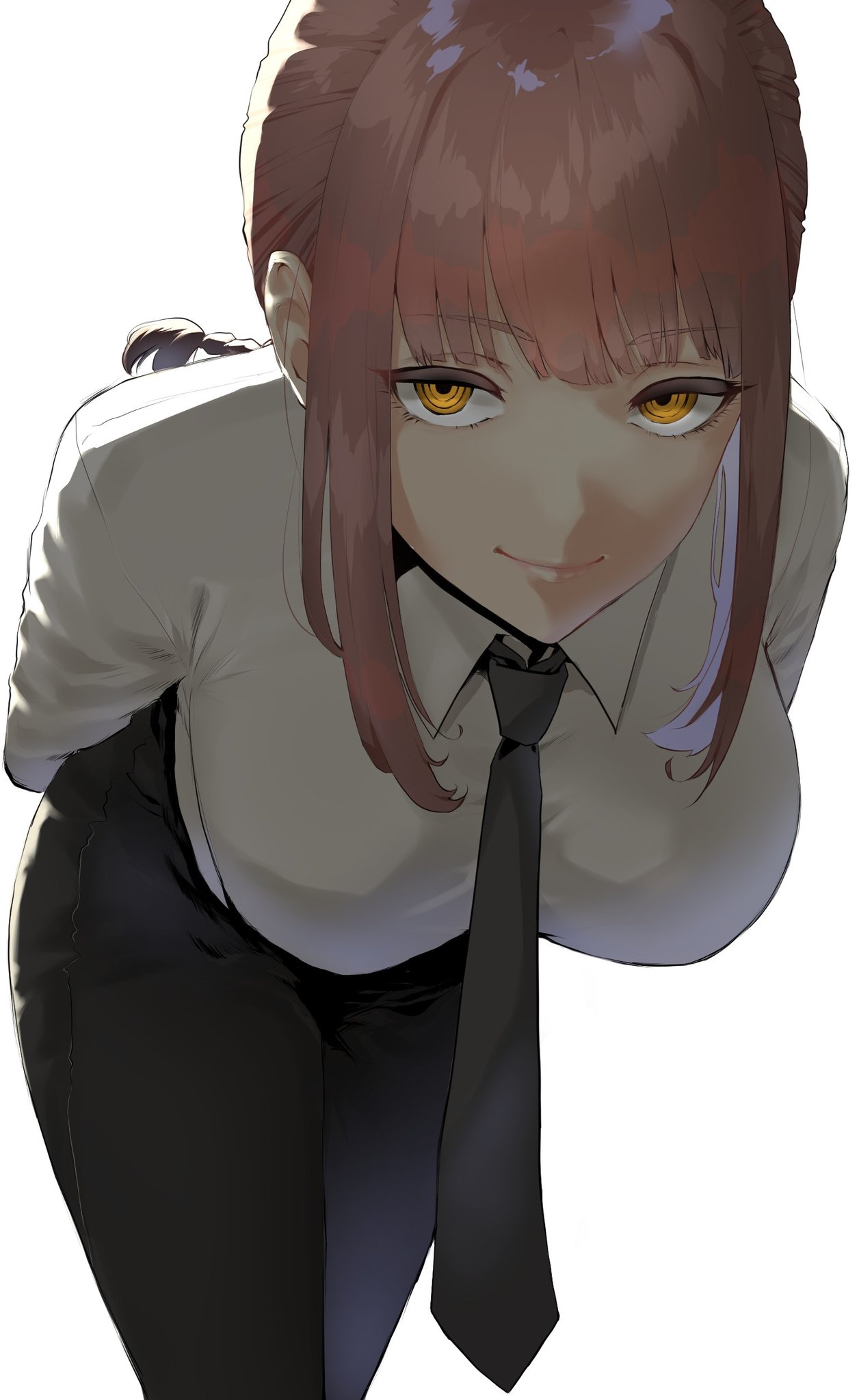 1girls, arched back, arms behind back, bangs, bedroom eyes, bent over, big breasts, black necktie, black pants, black tie, braid, breast focus, breasts, breasts focus, busty, chainsaw man, clothed, clothed female, collared shirt, curvaceous, curvy, curvy female, curvy figure, eye contact, female, female focus, female only, half-closed eyes, hanging breasts, hi res, high resolution, highres, huge breasts, large breasts, leaning forward, light skin, light smile, light-skinned female, looking at viewer, makima (chainsaw man), mappa, mousnowman, narrowed eyes, necktie, orange eyes, pants, ponytail, pov eye contact, red hair, ringed eyes, shadow, shirt, sidelocks, simple background, single braid, smile, smiling, smiling at viewer, solo, solo female, solo focus, spiral eyes, suit, suit and tie, swept bangs, tagme, thick thighs, thighs, tie, voluptuous, voluptuous female, white background, white shirt, yellow eyes