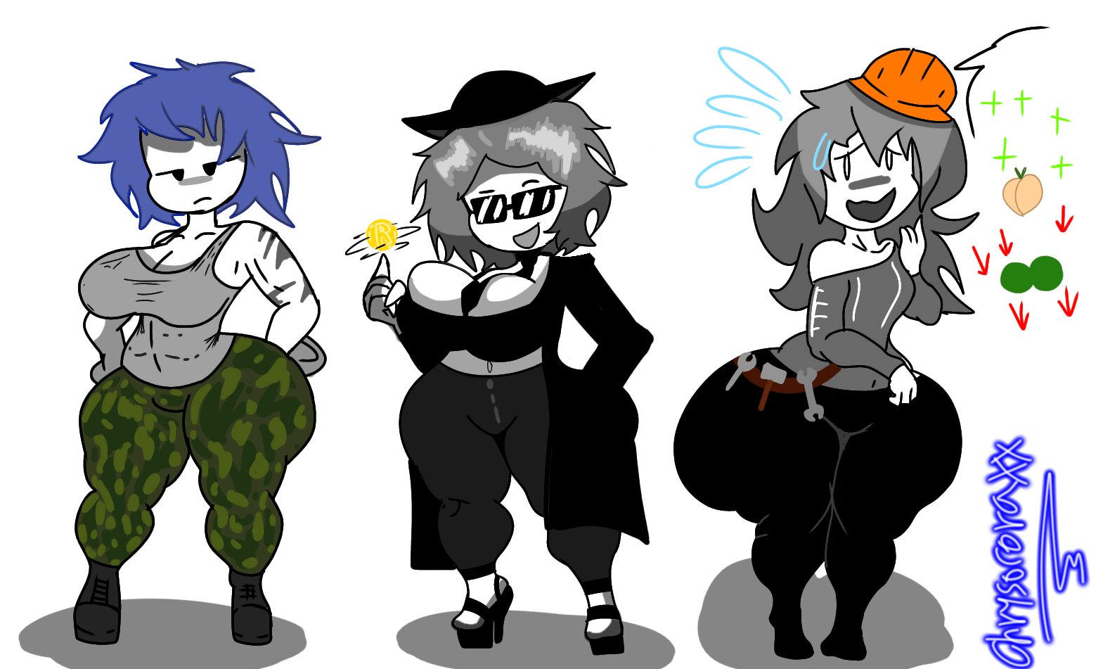 3girls, ass, big ass, big breasts, big thighs, breasts, builderman, builderman (forsaken), chance (forsaken), chrysocome, cleavage, clothed, female, female only, forsaken (roblox), guest 1337 (forsaken), guest 1337 (the last guest), jackpot, military uniform, off-duty guest 1337, official alternate costume, roblox, roblox game, robloxian, rule 63, tagme, thick thighs, thighs, tomboy