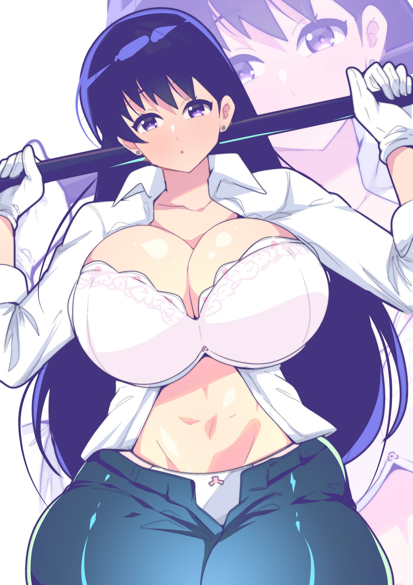 1girls, arato nagi, black hair, blue eyes, bra, breasts, cleavage, clothed, clothing, denim, female, female focus, female only, hammer, hi res, highres, huge breasts, jeans, large breasts, light skin, light-skinned female, long black hair, long hair, looking at viewer, navel, open clothes, open clothing, open mouth, open pants, open shirt, panties, ruri no houseki, solo, solo female, solo focus, thick thighs, thighs, unbuttoned, unbuttoned shirt, unzipped bodysuit, unzipped pants, voluptuous, voluptuous female, white bra, white gloves, white panties, wide hips, young pvch