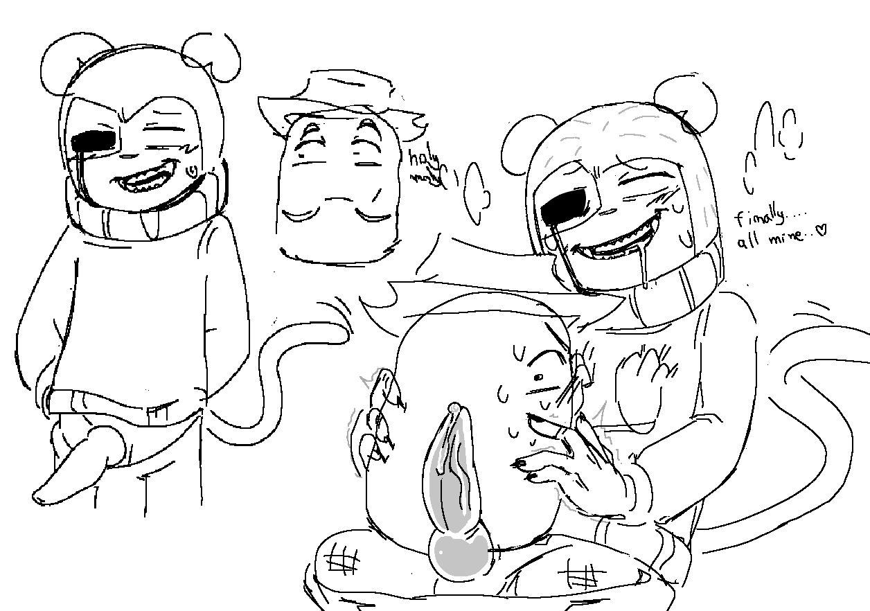 black_and_white clothed_sex cowboy_hat drooling furry mastectomy_scar max_(max_design_pro) max_design_pro nervous no_color nugget_(max_design_pro) possessive size_difference sweating top_surgery_scars