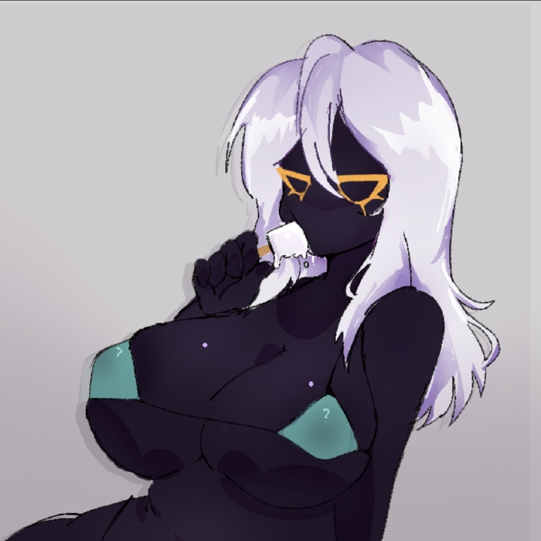 1girls, artist request, big breasts, bikini, black body, blue bikini, breasts, deepwoken, female, ganymede (deepwoken), no mouth, popsicle, roblox, roblox game, robloxian, tagme, white hair, yellow eyes