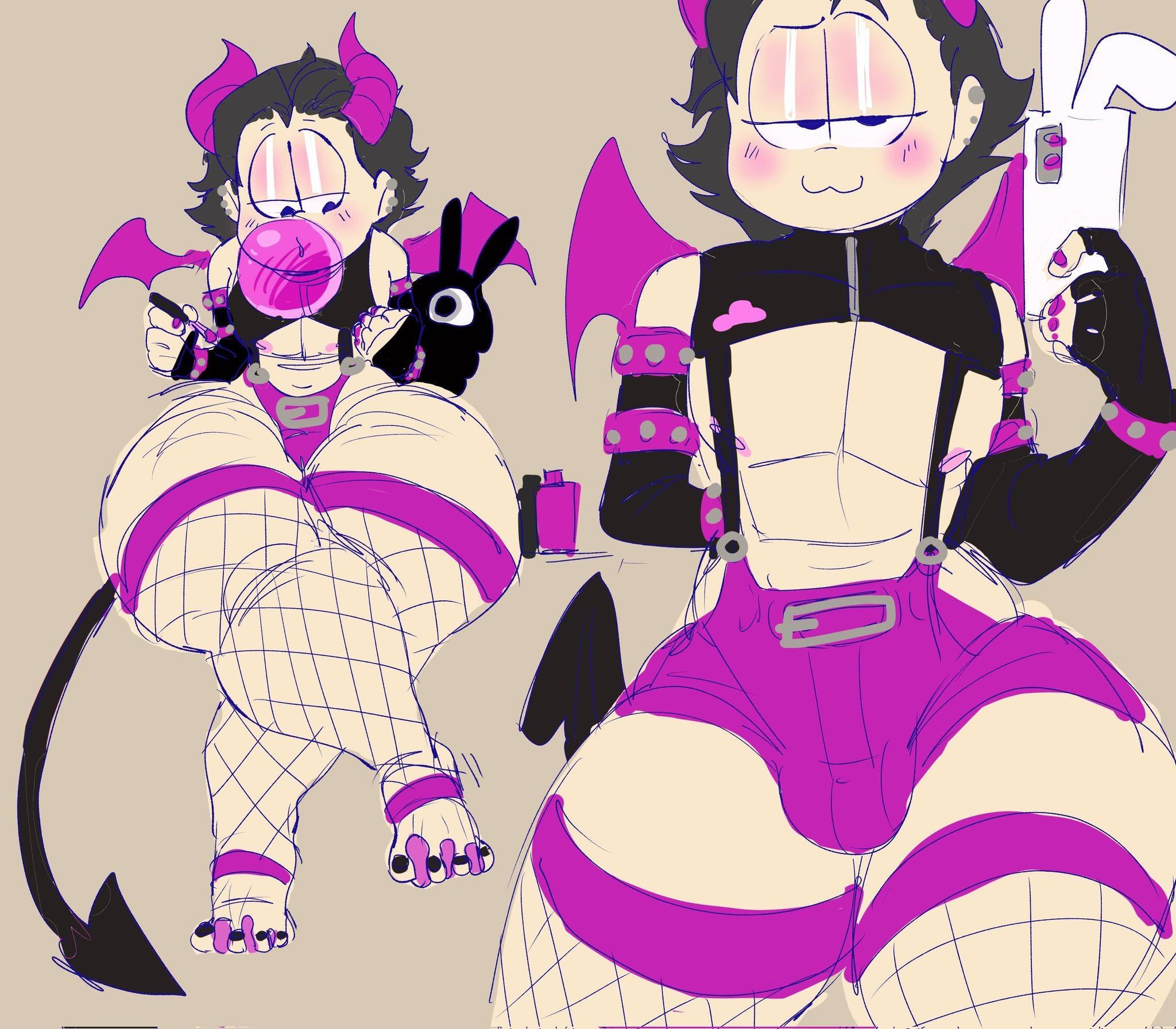 1boy, 2022, akuma, bare shoulders, barefoot, bat wings, black and pink, booty shorts, bubble gum, cosplay, crossdressing, demon horns, demon tail, femboy, fingerless gloves, fishnet stockings, human, looking at viewer, male, matsuno todomatsu, nipples, osomatsu-san, painted nails, painted toenails, phone, sexy, spiked bracelet, stomach, thick thighs, todomatsu matsuno, voluptuous femboy, wide hips, wkkeezy (artist)