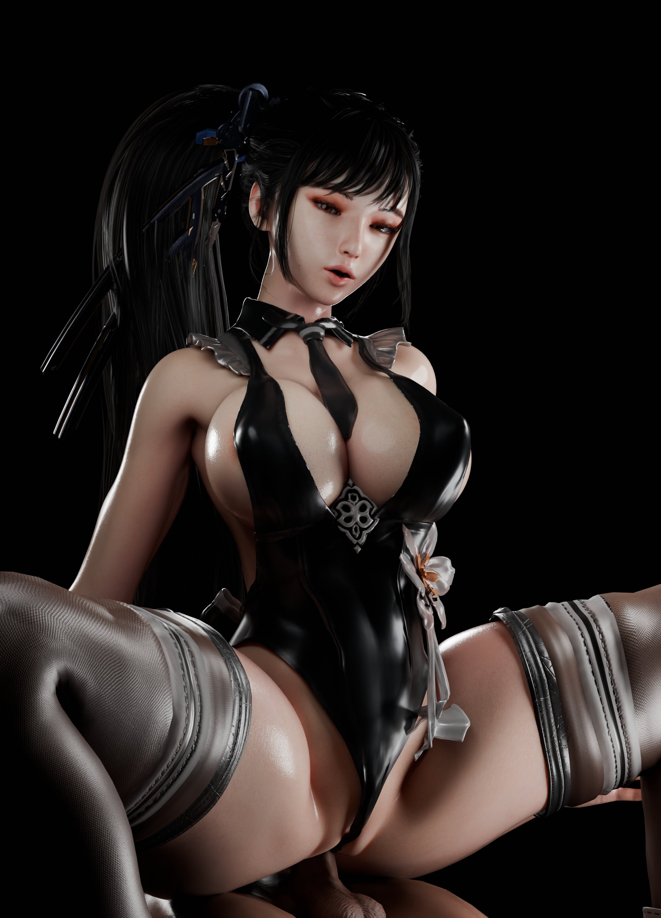 18:25, 1boy, 1girls, 3d, big breasts, black hair, breasts, bubblebubbleb, cowgirl position, dark skin, dark-skinned male, eve (stellar blade), female, female on top, full lips, huge breasts, human, human female, human male, interracial, large breasts, light-skinned female, long hair, looking pleasured, male, penis, ponytail, sex, slim waist, spread legs, stellar blade, straight, thick thighs, vaginal penetration, wide hips