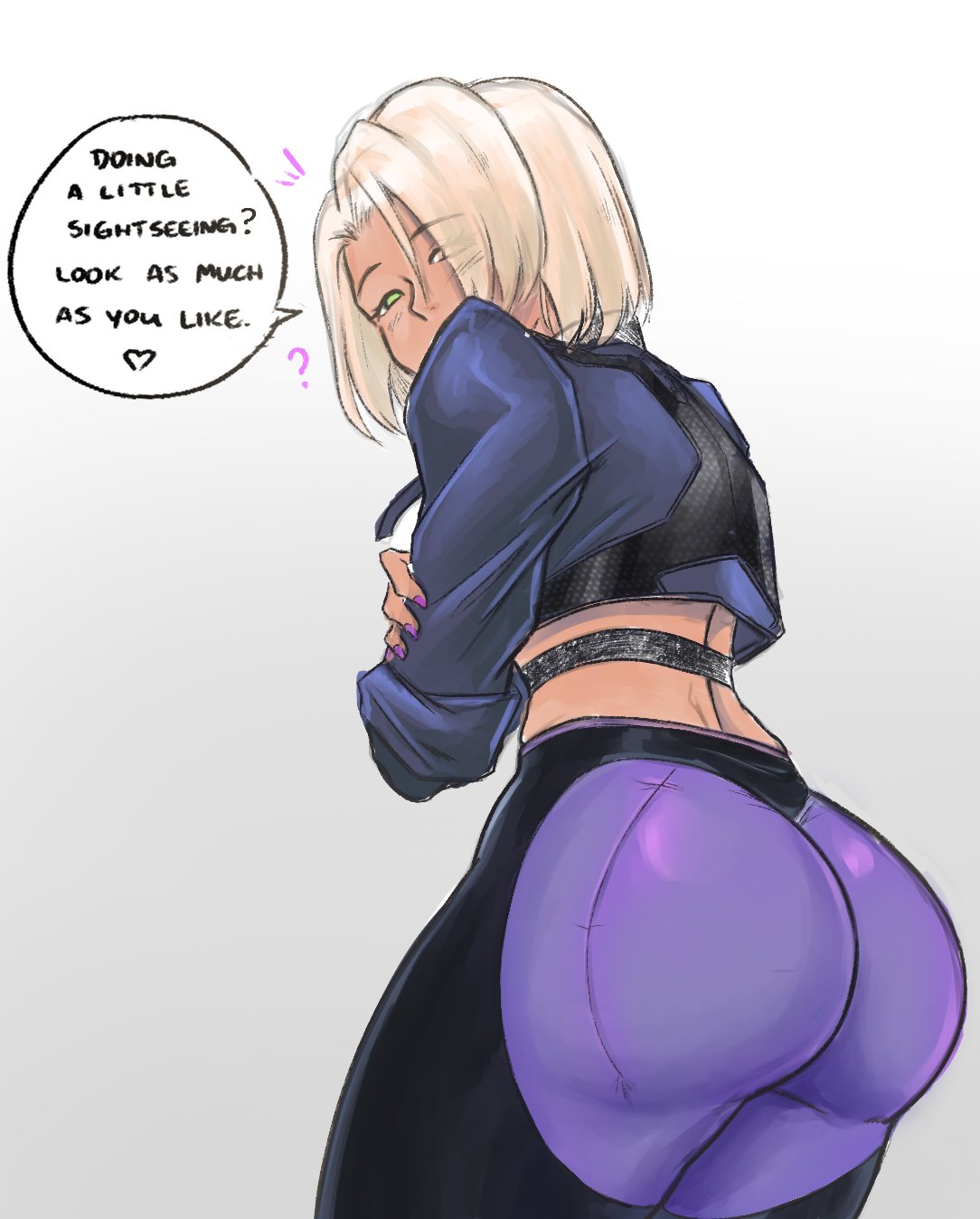 1girls ? arms_crossed ass ass_focus back_view big_ass big_butt blonde_hair bubble_ass bubble_butt caught caught_staring clothed clothed_female curvaceous curvy curvy_female curvy_figure dialogue english_text fat_ass female female_focus female_only green_eyes hi_res high_resolution highres jacket large_ass looking_at_viewer looking_back medium_hair mocha_(yincrescent) nail_polish oc original original_character painted_nails pink_nail_polish pink_nails purple_nail_polish purple_nails rear_view simple_background solo solo_female solo_focus speech_bubble spoken_heart tagme talking_to_viewer text thick_ass thick_thighs thighs viewed_from_behind voluptuous voluptuous_female white_background yincrescent