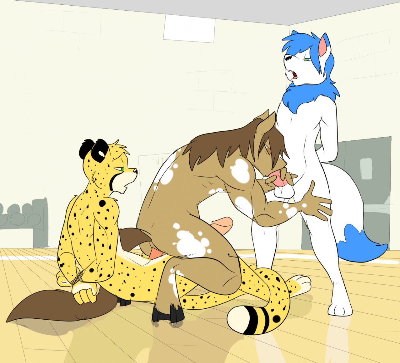 anal anal_sex anthro arcticsnow1 balls cheetah equine erection feline fur furry furry_only gay group horse liox male metal_(artist) nude oral penetration penis sled_(sledmetodeath) threesome zach_(gamerfox)