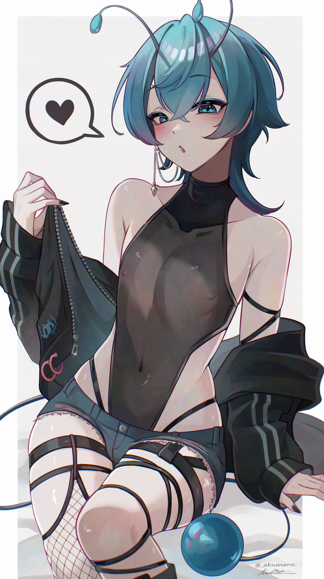 1boy 2d akumana alien antennae antennae_(anatomy) blue_eyes blue_hair blush bodysuit bulge crossdressing earrings eyeliner eyeshadow femboy fishnets fully_clothed garter_belt jacket ripped_pants shuu_sakurai solo speech_bubble tail twink vtuber