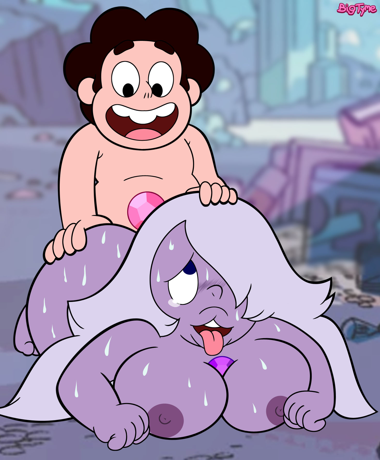 :3, 1boy, 1girls, amethyst (steven universe), ass, ass grab, bean smile, bigtyme, blushing, breasts, cartoon network, doggy style, female, gem (species), kneeling, large breasts, looking at viewer, male, nipples, official style, purple skin, pussy, sex, smiling, steven quartz universe, steven universe, sweat, tongue, tongue out, young