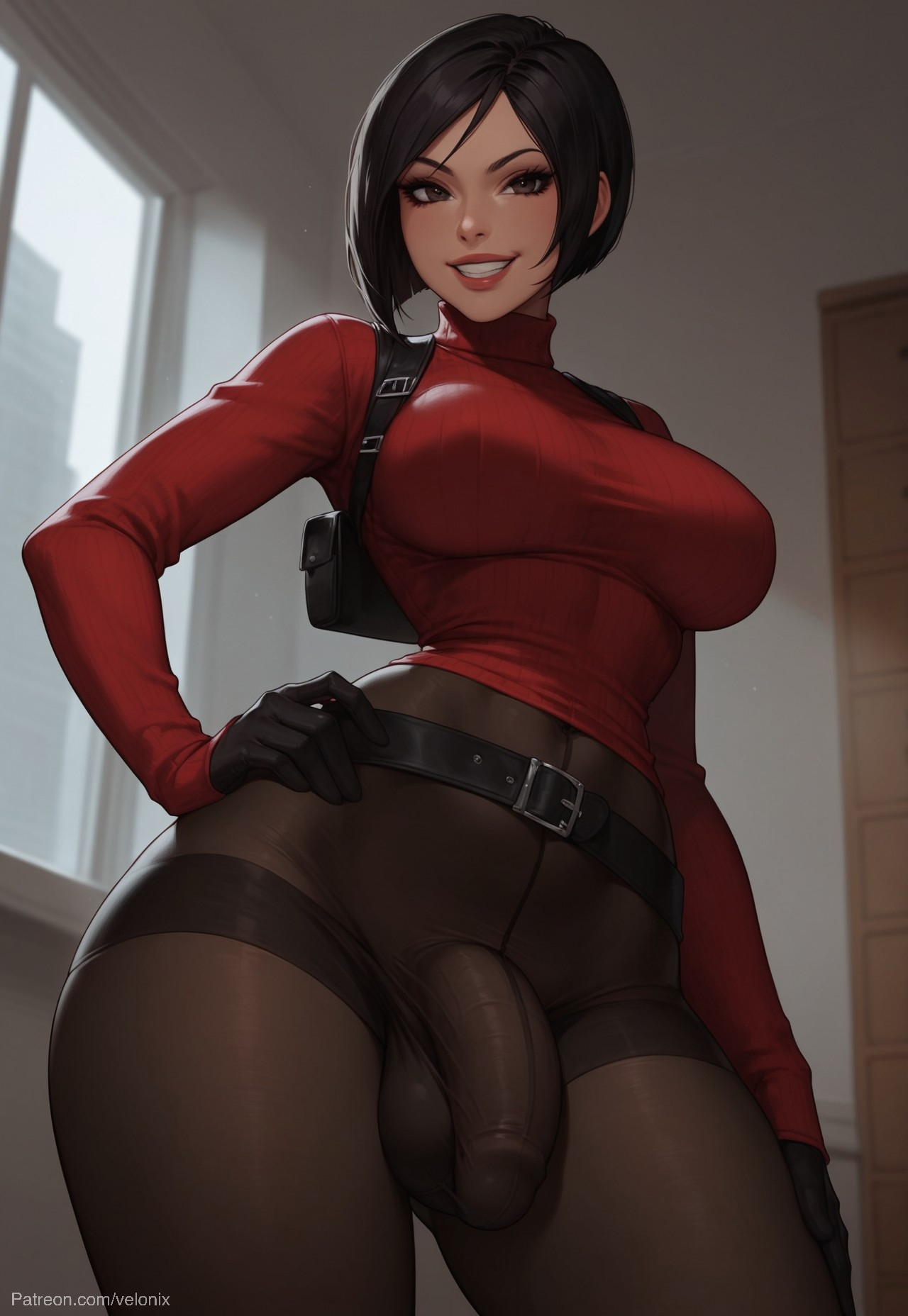 1futa, ada wong, ai generated, ass, balls, big ass, big breasts, big butt, big hips, big penis, black eyes, black hair, black panties, breasts, cleavage, clothed, clothing, dick, dickgirl, eyebrows, eyelashes, futa only, futanari, grin, grinning, grinning at viewer, gun, gun holster, hair, hands-free, holster, huge cock, indoors, intersex, lips, long hair, looking at viewer, makeup, medium hair, narrow waist, narrowed eyes, nose, panties, panty, pantyhose, penis, red sweater, resident evil, resident evil 2, resident evil 2 remake, resident evil 3, resident evil 3 remake, seducing, seductive, seductive eyes, seductive gaze, seductive look, seductive mouth, seductive pose, seductive smile, short hair, smile, smile at viewer, smiley face, smooth balls, smooth penis, smooth skin, solo, solo dickgirl, solo focus, solo futa, straps, sweater, testicles, turtleneck, velonix