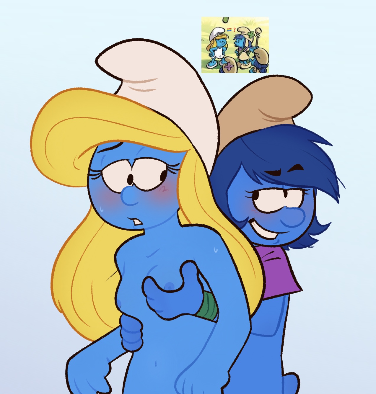 anonymous artist, blue body, blue hair, breasts, female, smurf girls, smurfette, smurfs, smurfstorm, tagme, the smurfs, touching breast, yuri