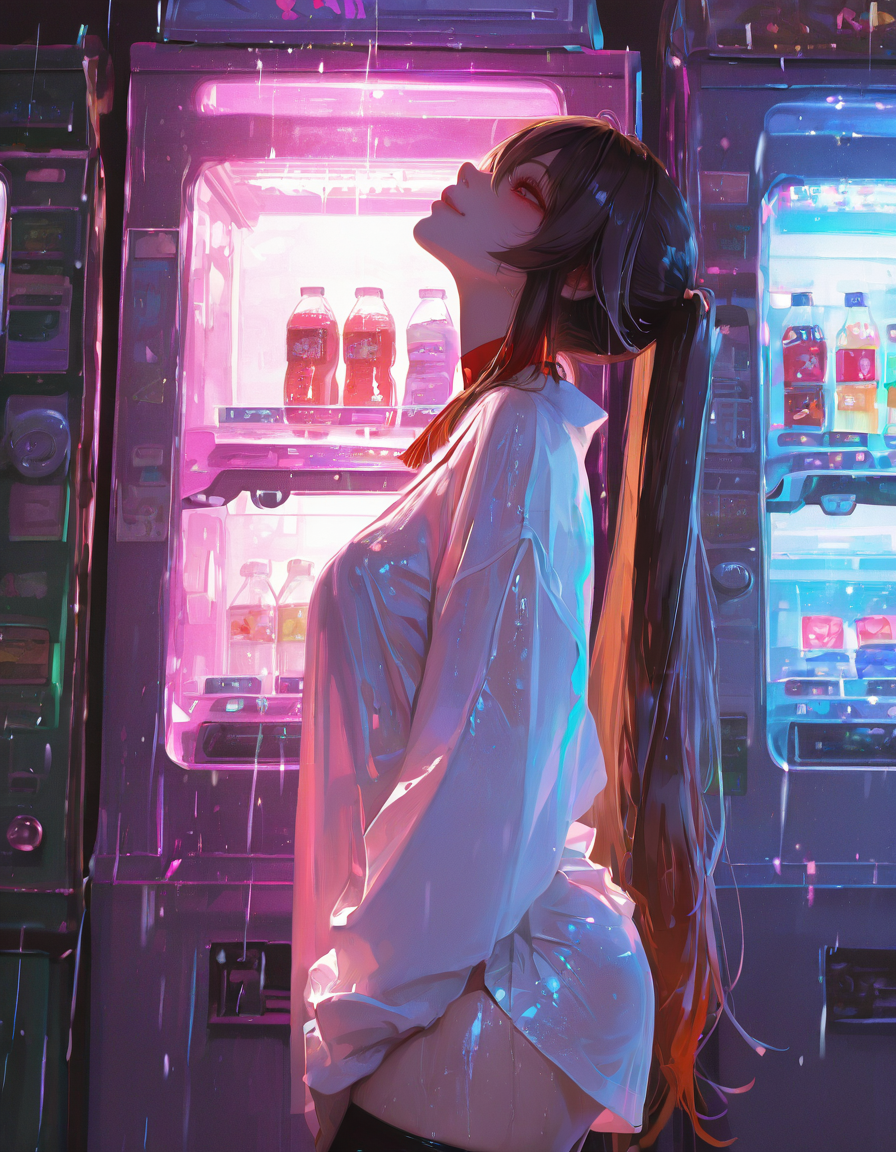 1girls ai_generated black_thighhighs breasts brown_hair cowboy_shot female from_side hu_tao_(genshin_impact) long_hair long_sleeves looking_up medium_breasts neon_lights ponytail rain red_eyes see-through see-through_shirt shirt sidelocks solo thighhighs vending_machine very_long_hair wet wet_clothes wet_skin white_shirt