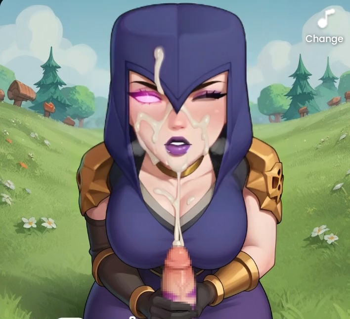 ai_generated clash_(series) clash_of_clans clash_royale cum cum_on_body cum_on_face cum_on_hand cumshot female glowing_eyes handjob looking_at_viewer outdoors pov pov_eye_contact purple_eyes witch_(clash_of_clans)