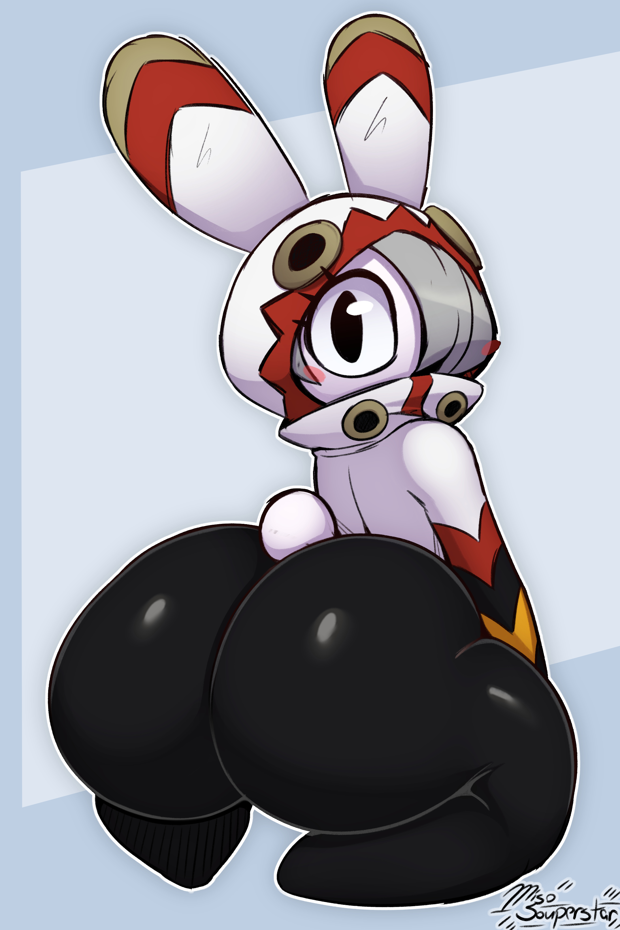 2025, absurd res, anthro, ass, ass focus, big ass, big butt, black body, black eyes, black fur, blush, butt focus, clothing, featureless feet, feet, female, female anthro, fur, grey hair, hair, hair over eye, hi res, hoodie, huge ass, huge butt, lagomorph, looking at viewer, looking back, mammal, miso souperstar, pyokorappa (ratatan), ratatan, rear view, red clothing, red hoodie, red topwear, short tail, solo, solo female, tail, thick thighs, topwear, white body, white clothing, white fur, white hoodie, white topwear