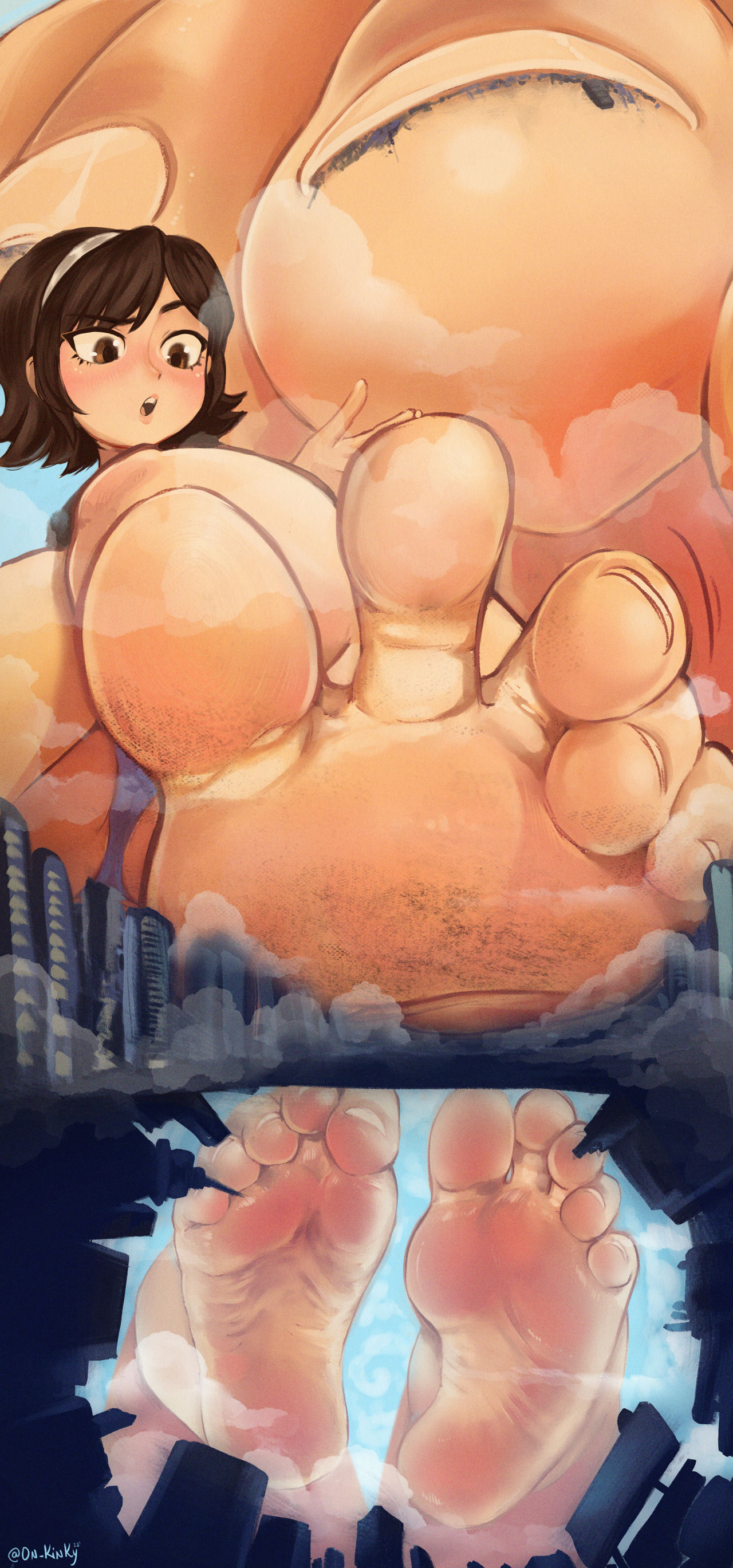 brown eyes, brown hair, city destruction, crush, feet, feet focus, foot fetish, giantess, headband, macro, onkinky, short hair, stomp, toes