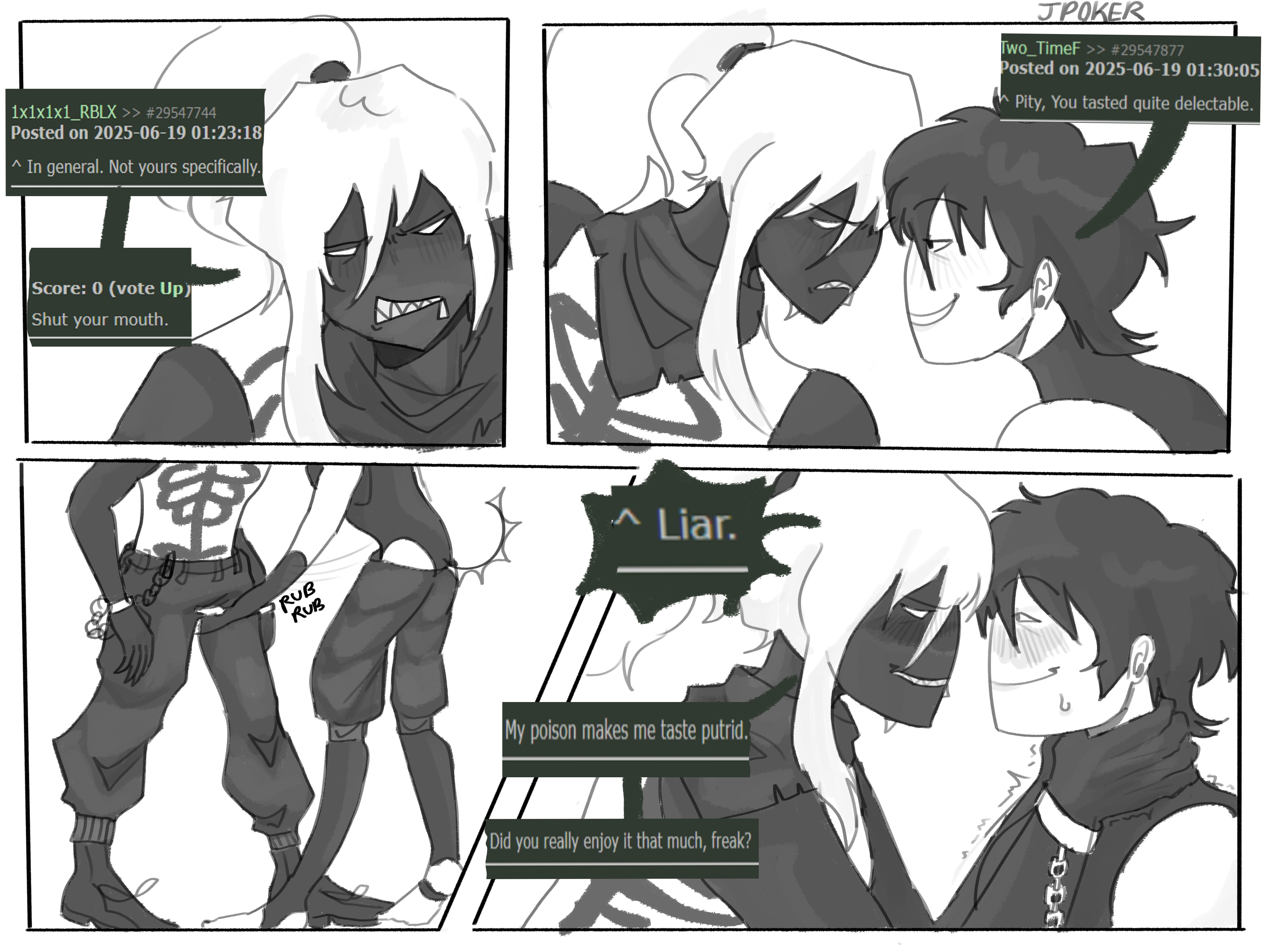 1girls, 1x1x1x1 (forsaken), betrayed 1x1x1x1, black and white, choking, clothed, comic, comic panel, dialogue, enemies with benefits, english text, female, forsaken (roblox), monochrome, nonbinary, official alternate costume, pussy, questionable, roblox, roblox game, robloxian, rubbing pussy through clothing, rule 34 comment, rule 63, self upload, sexual tension, suggestive, tagme, text, two time