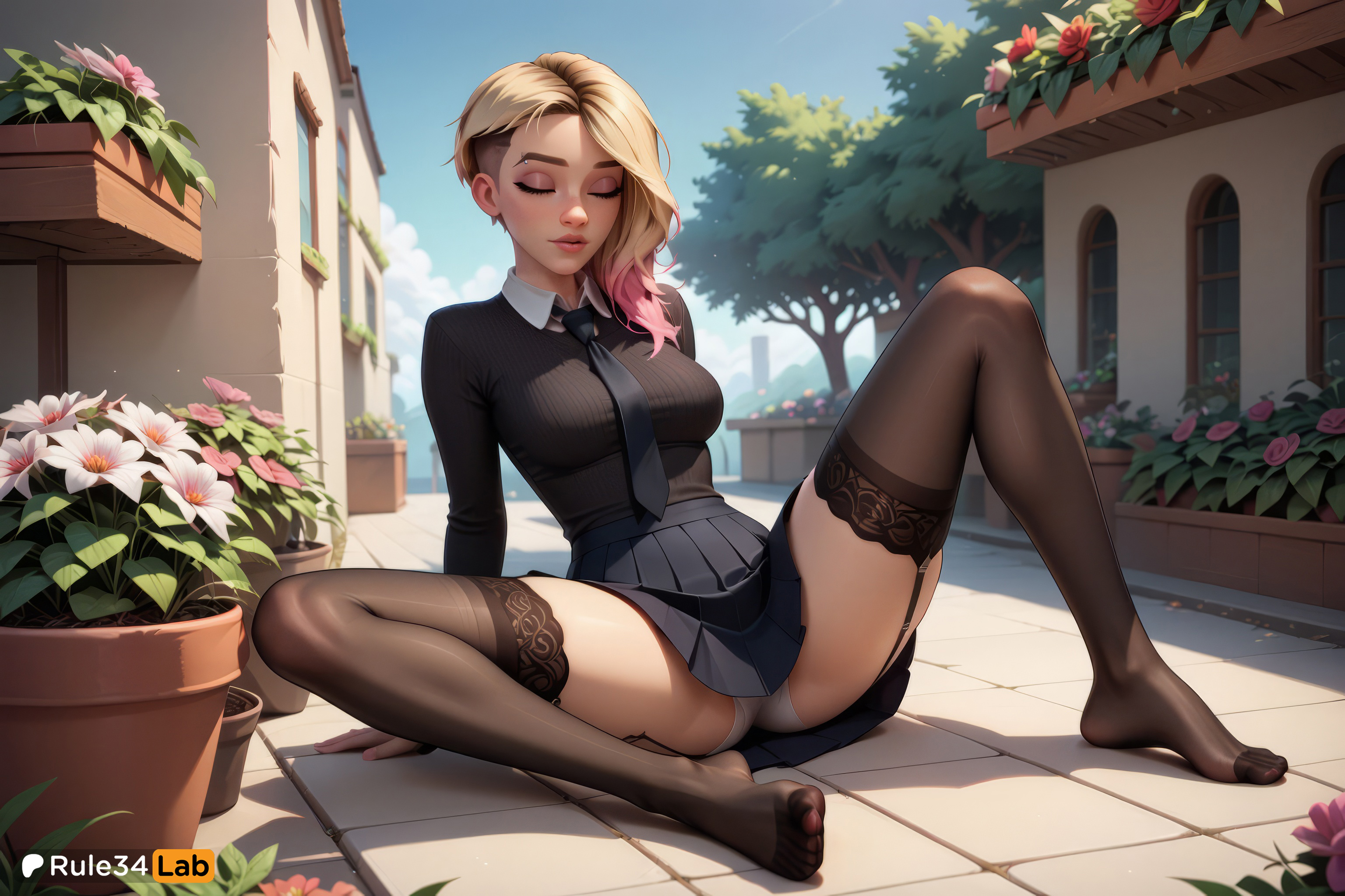 1girls, ai generated, arm support, artist name, asymmetrical hair, black necktie, black shirt, black thighhighs, blonde hair, breasts, closed eyes, collared shirt, day, eyebrow piercing, feet, female, female only, flower, flower pot, full body, garter straps, gradient hair, gwen stacy, gwen stacy (spider-verse), hi res, lace-trimmed legwear, legs, lips, long sleeves, marvel, marvel comics, medium breasts, multicolored hair, necktie, no shoes, nose, outdoors, panties, pantyshot, parted lips, patreon logo, patreon username, piercing, pink flower, pink hair, pink hair tips, plant, pleated skirt, rule34lab, school uniform, shirt, short hair, sidecut, sitting, skirt, sky, solo, spider girl, spider-gwen, spider-man (series), spider-woman, spread legs, thighhighs, toes, tree, two-tone hair, undercut, underwear, web address, white panties, younger female