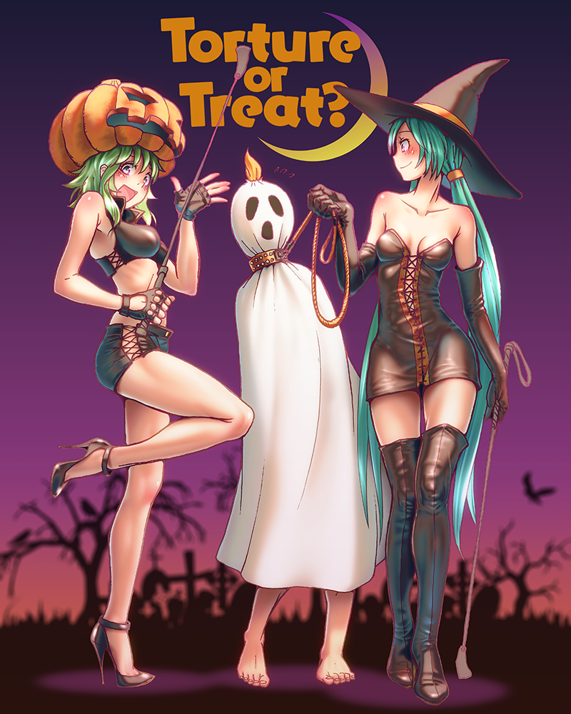 1boy 2girls barefoot boots breasts collar crescent_moon dress elbow_gloves femdom fingerless_gloves ghost_costume gloves green_hair halloween hat hatsune_miku high_heels imminent_rape jack-o'-lantern kagamine_len leash leather_boots long_hair medium_breasts megpoid_gumi miniskirt moon multiple_girls pumpkin purple_eyes riding_crop skirt small_breasts thigh_boots thighhighs tied_hair trick_or_treat twintails very_long_hair vocaloid witch_hat wokada zettai_ryouiki