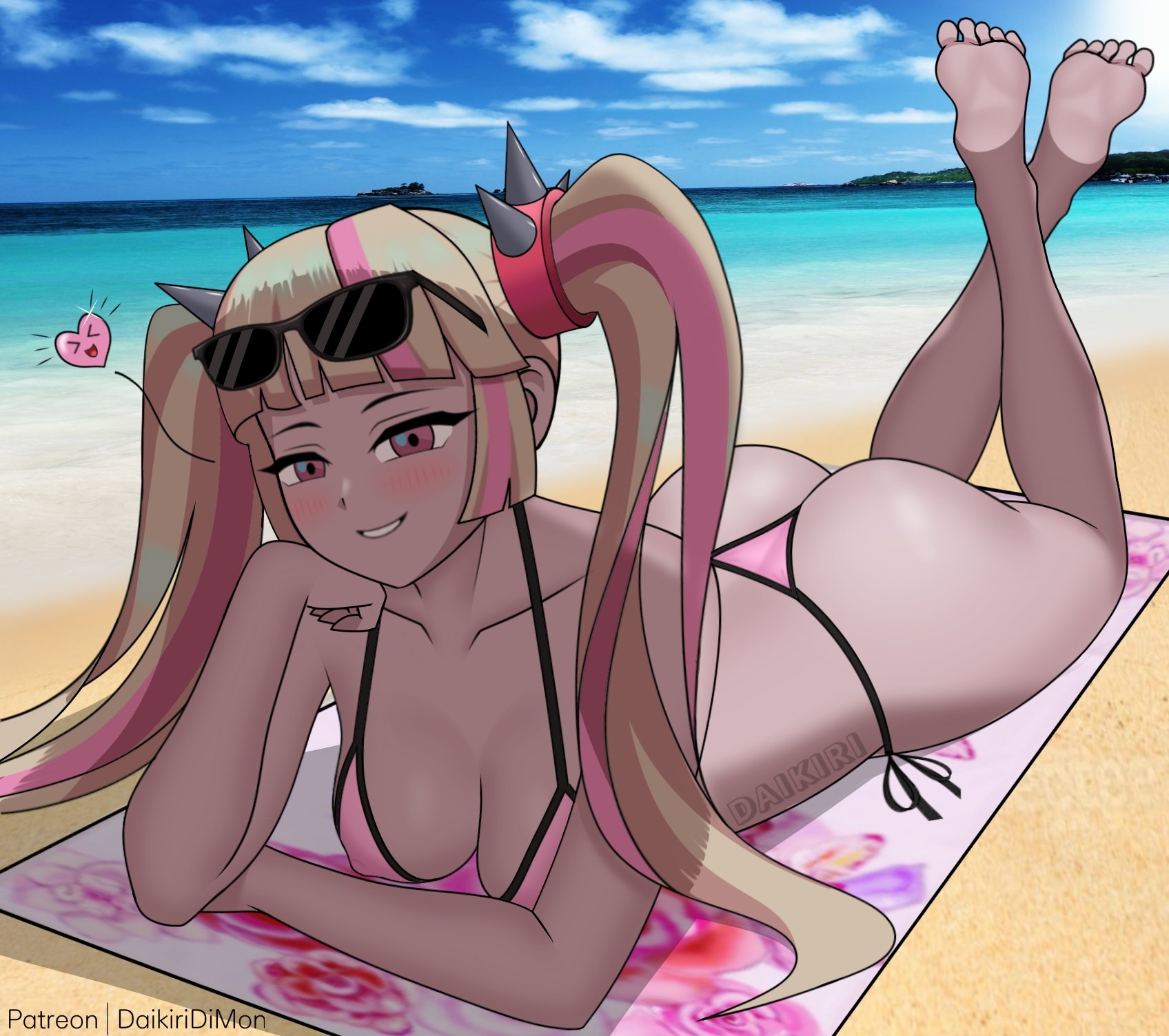 1girls, alternate version available, ass, beach, bikini, blonde hair, daikiri di mon, feet, female, fortnite, fortnite: battle royale, heart, laying down, laying on stomach, lennox rose (fortnite), looking at viewer, multicolored hair, patreon, patreon username, pink eyes, seductive, seductive look, smiling, smiling at viewer, sunglasses, sunglasses on head