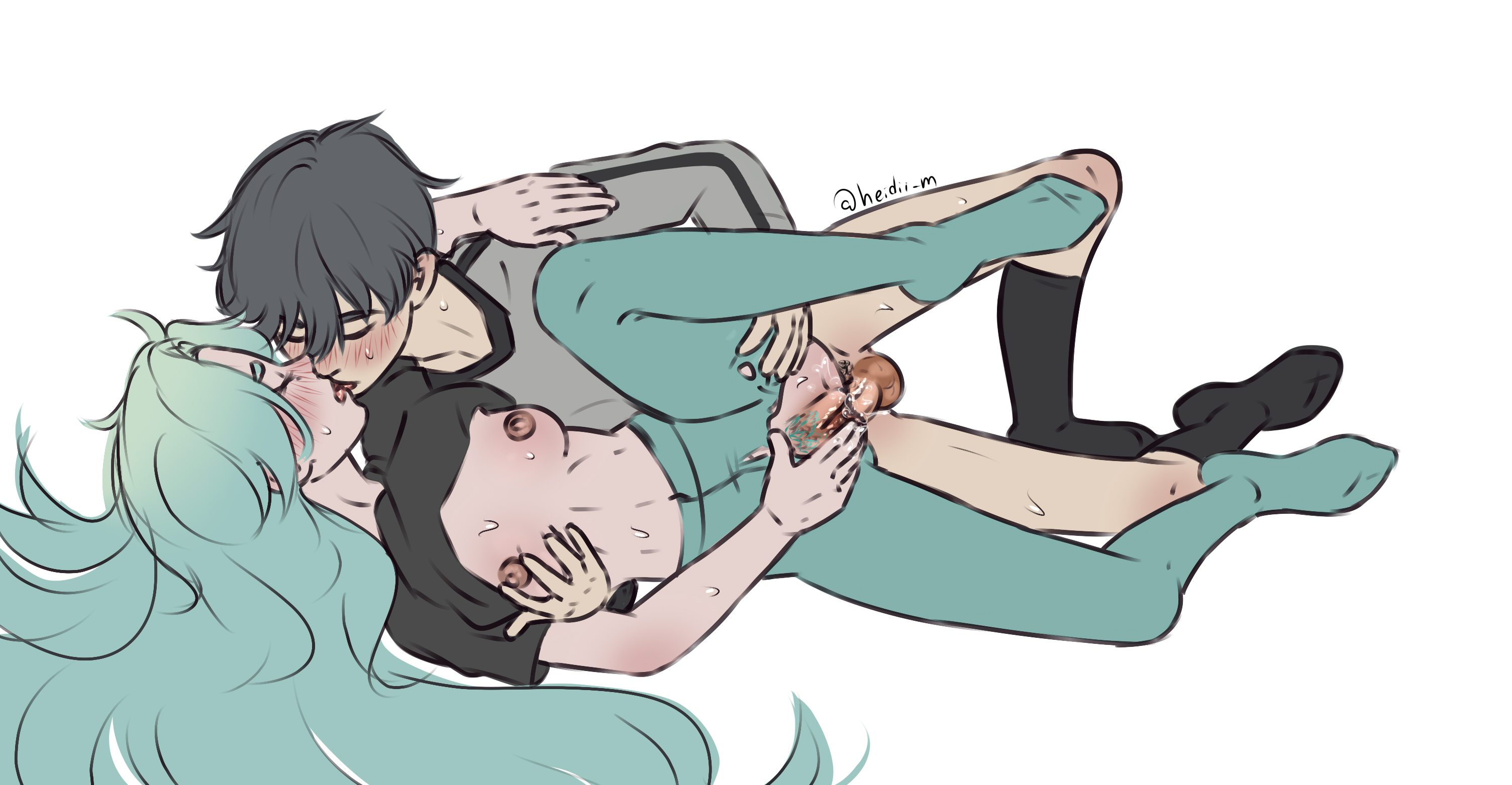 1boy, 1girls, black hair, breasts, cyan hair, female, heidibiersack, heidii m, kissing, kissing while penetrated, lucky cyan, lucky cyan (to be hero x), luo (to be hero x), male, nipples, on side, penis, pussy, sex, spread legs, to be hero x, vaginal penetration, vaginal sex