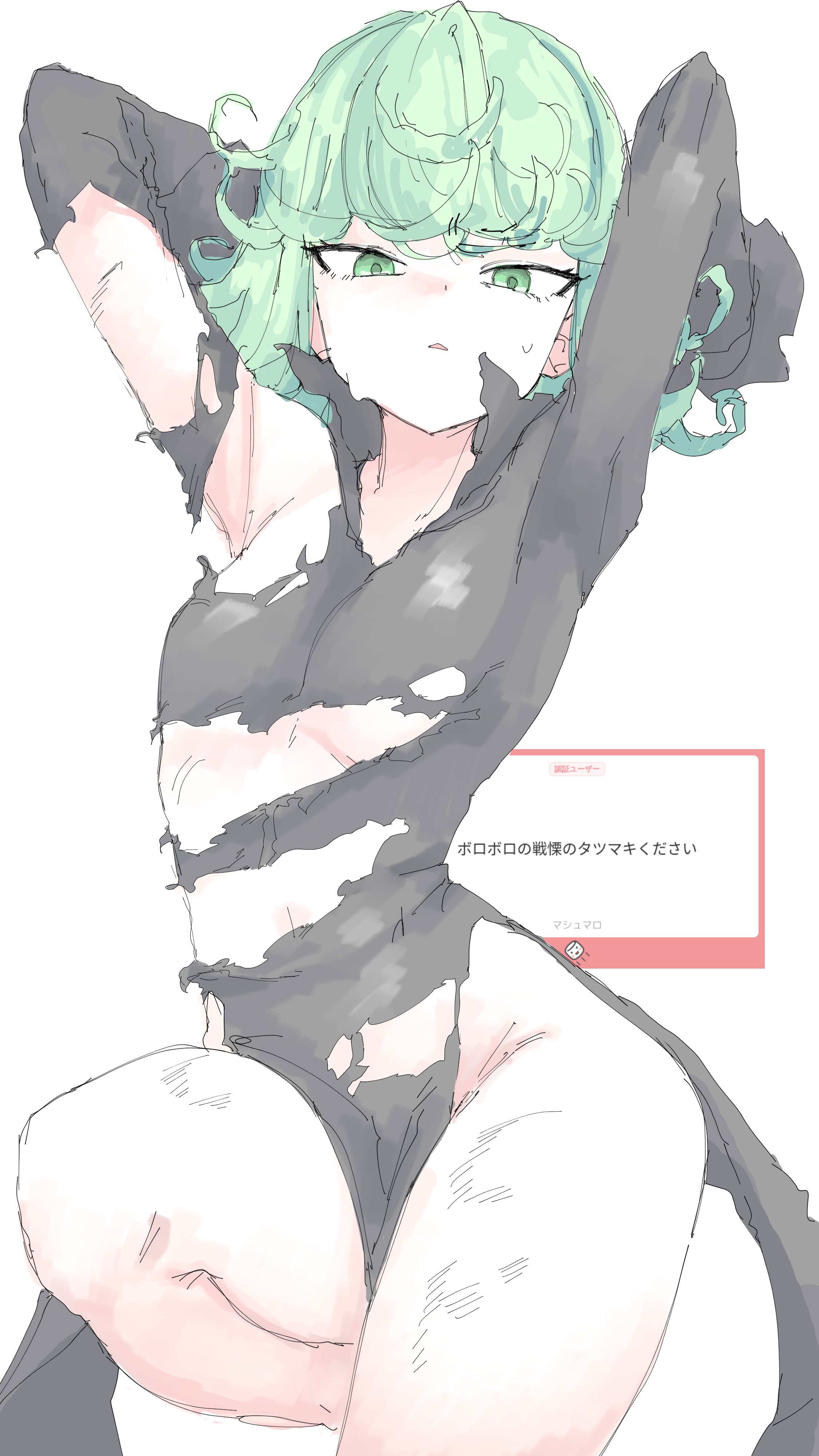1girls, arms up, black dress, blush, breasts, cuts, dress, female, female only, green eyes, green hair, injury, looking at viewer, mocaht8, one-punch man, short hair, small breasts, solo, tatsumaki, thick thighs, torn clothes, torn dress, torn sleeves