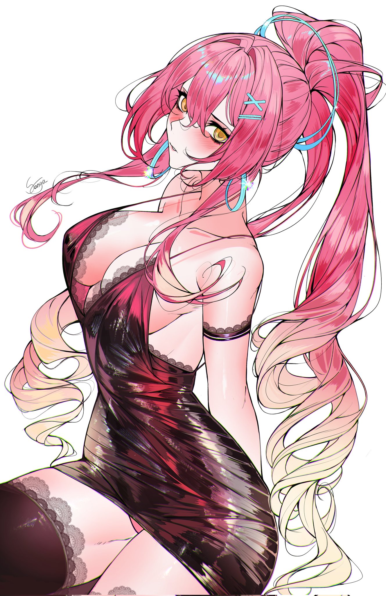 1girls, aemeath (wuthering waves), black dress, breasts, brown eyes, dress, exposed breasts, female, female only, long hair, panties, pink hair, pink panties, pink underwear, ponytail, underwear, updress, wuthering waves