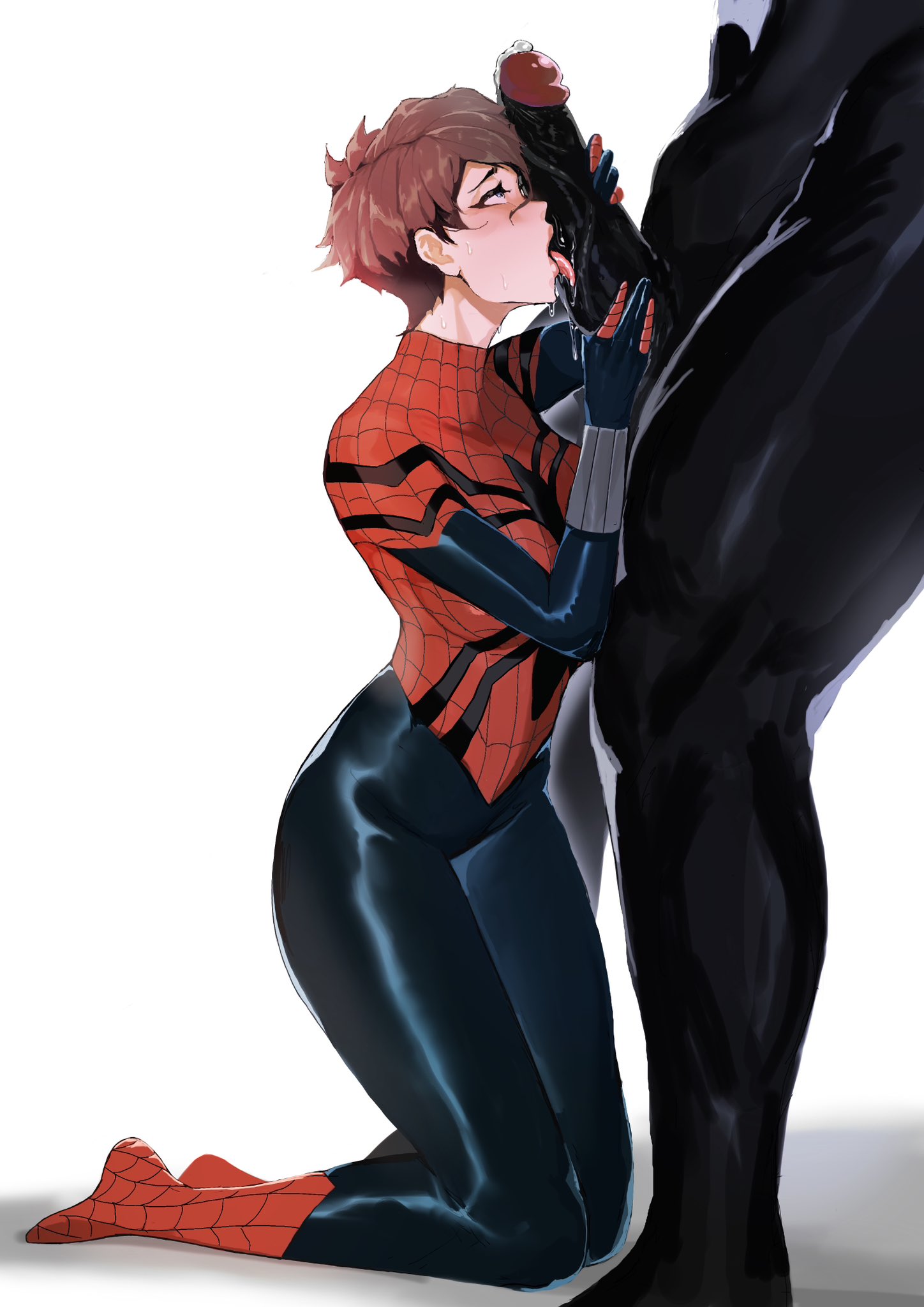 1girls, bodysuit, brown hair, fellatio, female, kneeling, licking penis, male, marvel, marvel comics, mayday parker, mc2, penis, short hair, simple background, solo focus, spider-girl, spider-man (series), tomatosp, venom (marvel), white background