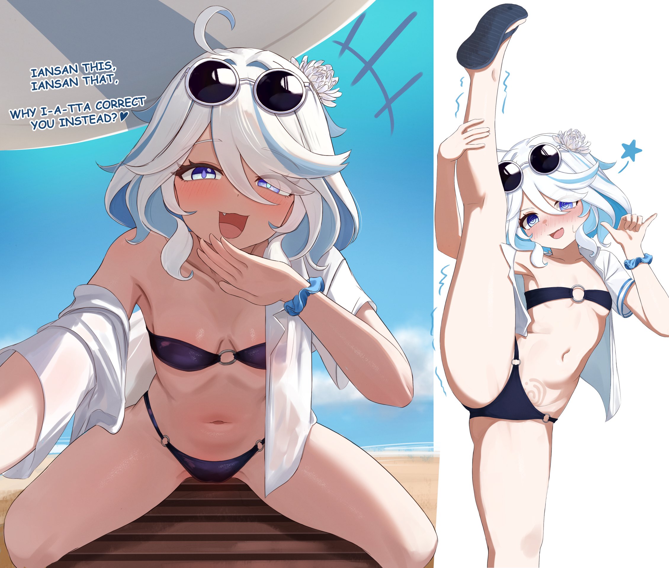 1girls, blush, breasts, cute fang, dialogue, female, femdom, flexible, furina (genshin impact), genshin impact, hoyoverse, laughing, mesugaki, mihoyo, mockingeu, small breasts, stretching, sunglasses, sunglasses on head, text, white hair