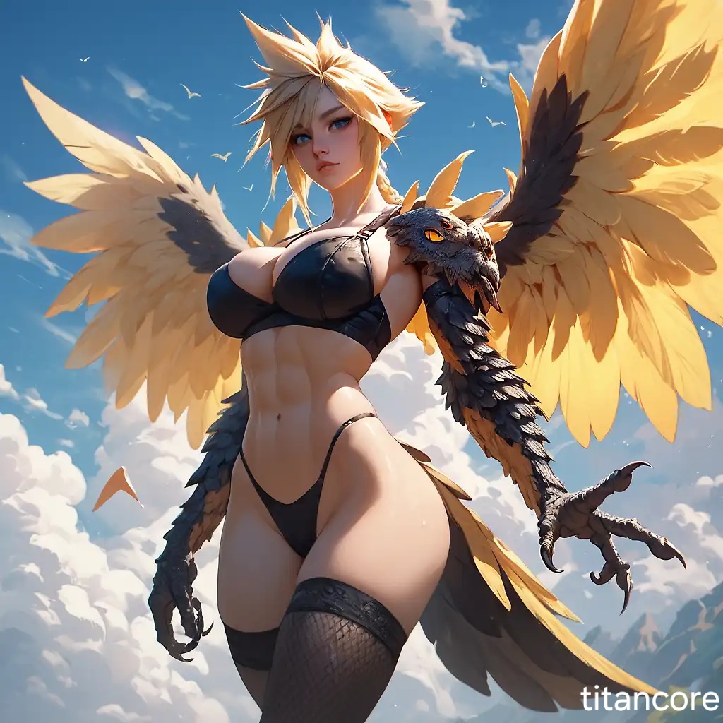 (titancore), 1girls, ai generated, bikini, bikini bottom, bikini top, chocobo, claws, cloud strife, cloudette strife, female, final fantasy vii, genderswap, harpy, harpy girl, harpy humanoid, legwear, monster girl, rule 63, sexy, spiky hair, transformation, video game character