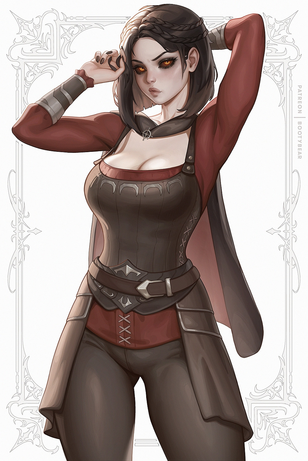 1girls, 2025, alternate version available, belt, bethesda softworks, black hair, black nails, black sclera, bootybear, breasts, cleavage, digital media (artwork), female, female only, fully clothed, long fingernails, long nails, nail polish, no visible genitalia, orange eyes, painted fingernails, painted nails, serana, skyrim, solo, solo female, text, the elder scrolls, tight clothing, vampire, vampire girl, white background