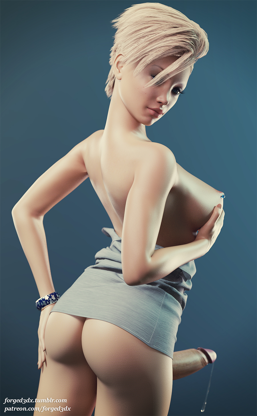 1futa, 3d, areolae, ass, balls, blanc (forged3dx), bottomless, breasts, curvy, erect nipples, erection, forged3dx, futa only, futa sans pussy, futanari, intersex, large ass, large breasts, large penis, looking at viewer, looking back, nipples, penis, penis out, precum, precum drip, realistic, solo, solo futa, wide hips