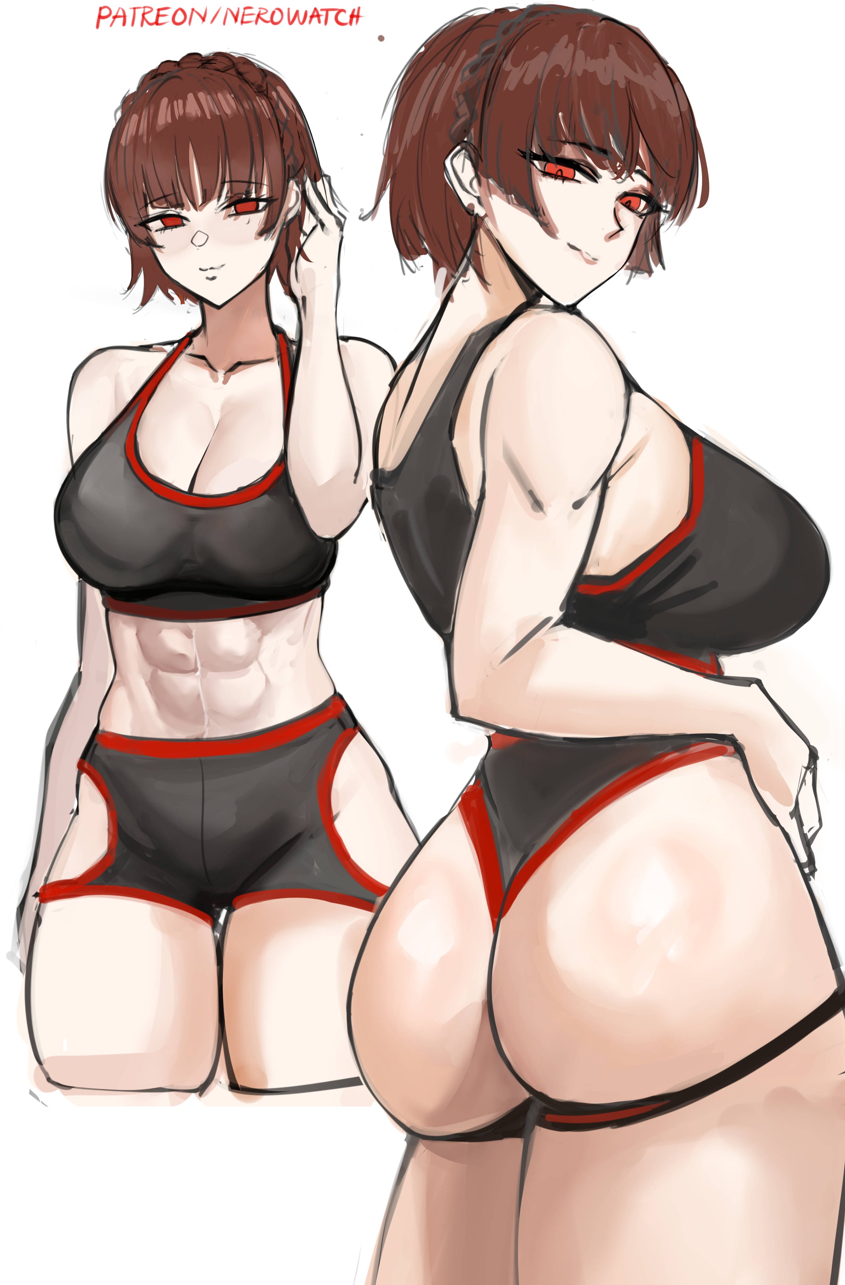 1girls, abs, ass, atlus, breasts, brown hair, female, large breasts, makoto niijima, muscular, muscular female, nero watch, persona, persona 5, red eyes, short hair, sideboob, solo, sports bra, t-back spats