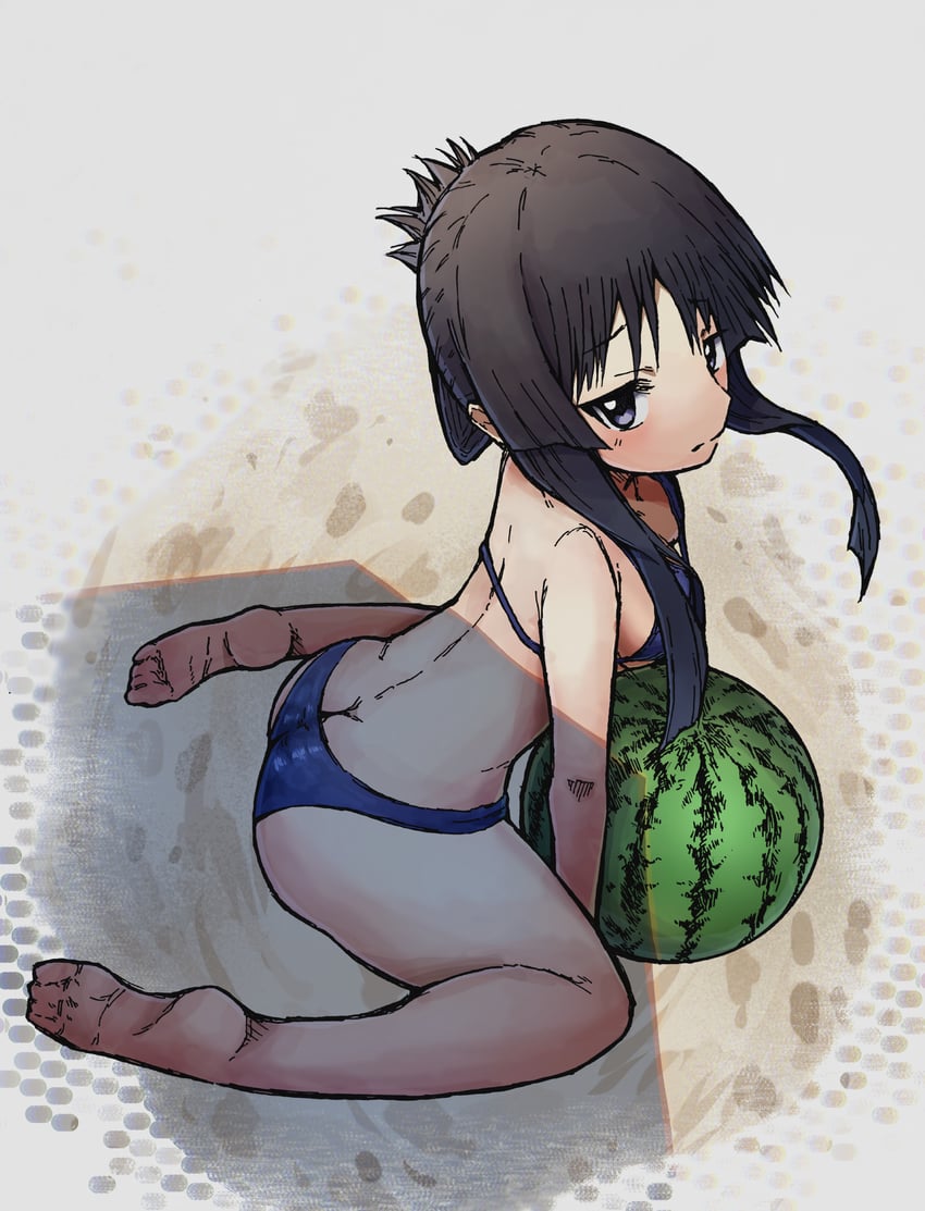 1girls, beach, bikini, female, fruit, k-on!, kasuokasuto, kneeling on ground, looking up at viewer, mio akiyama (k-on!), solo, tagme, watermelon