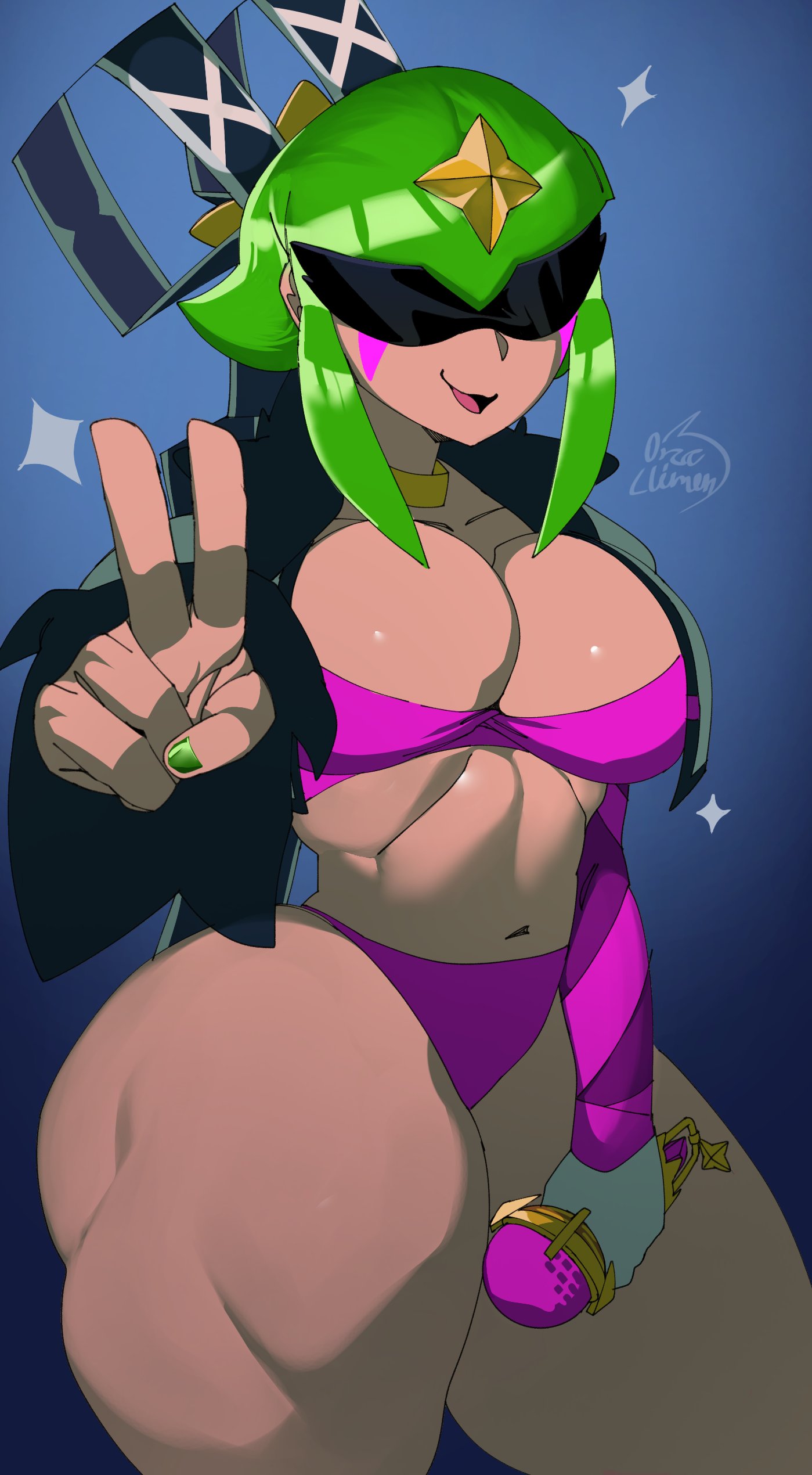 ass, big ass, big breasts, big butt, big thighs, big titties, brawl stars, breasts, clothing, curvaceous, curvaceous female, curvaceous figure, curvy, curvy figure, curvy hips, female, female focus, female only, green hair, melodie (brawl stars), orca limon, short hair, supercell