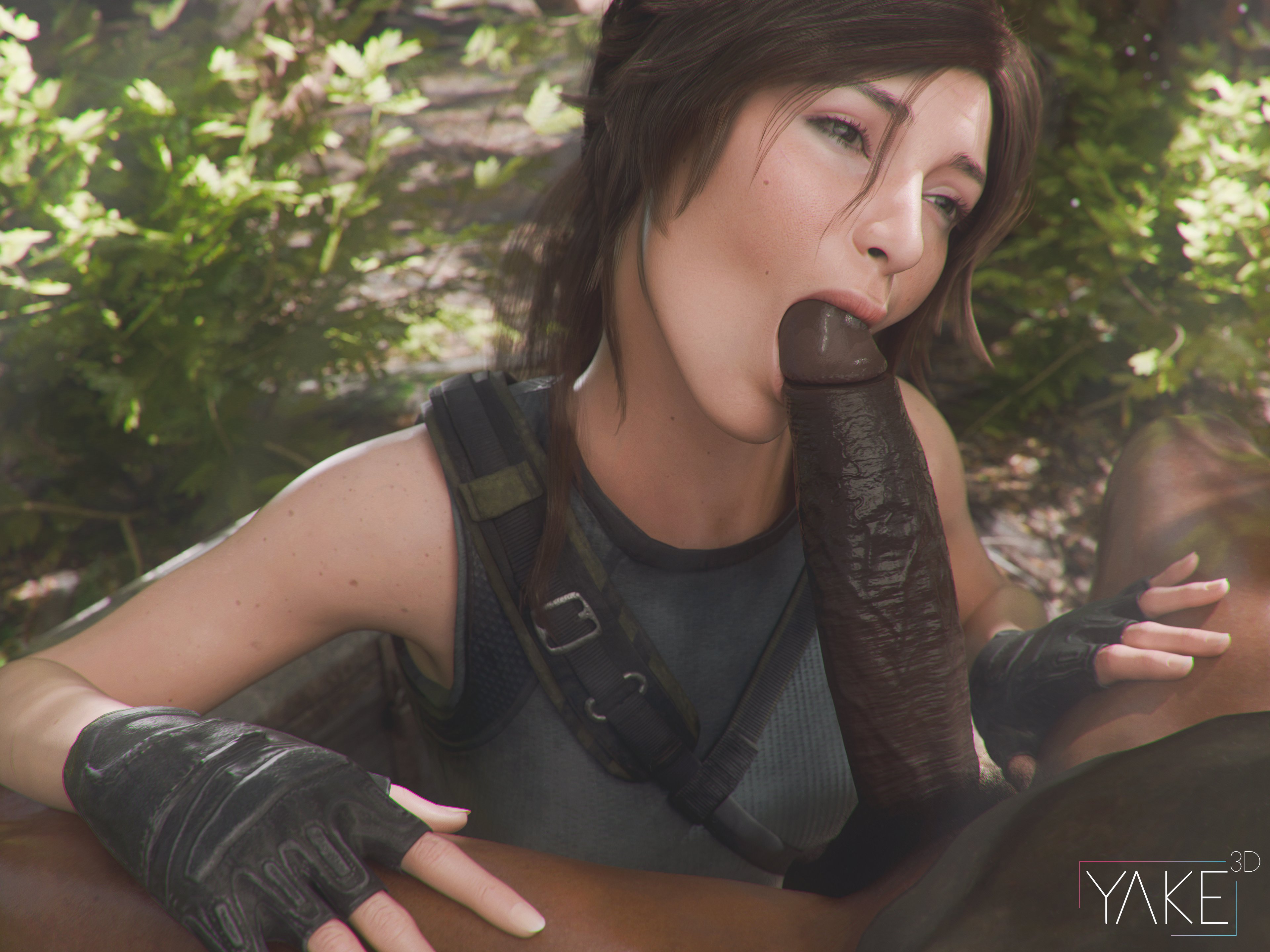 1boy, 1girls, 3d, blowjob, dark skin, dark-skinned male, fellatio, female, interracial, lara croft, lara croft (survivor), light skin, light-skinned female, male, oral, oral penetration, oral sex, tomb raider, tomb raider (survivor), yakenaris
