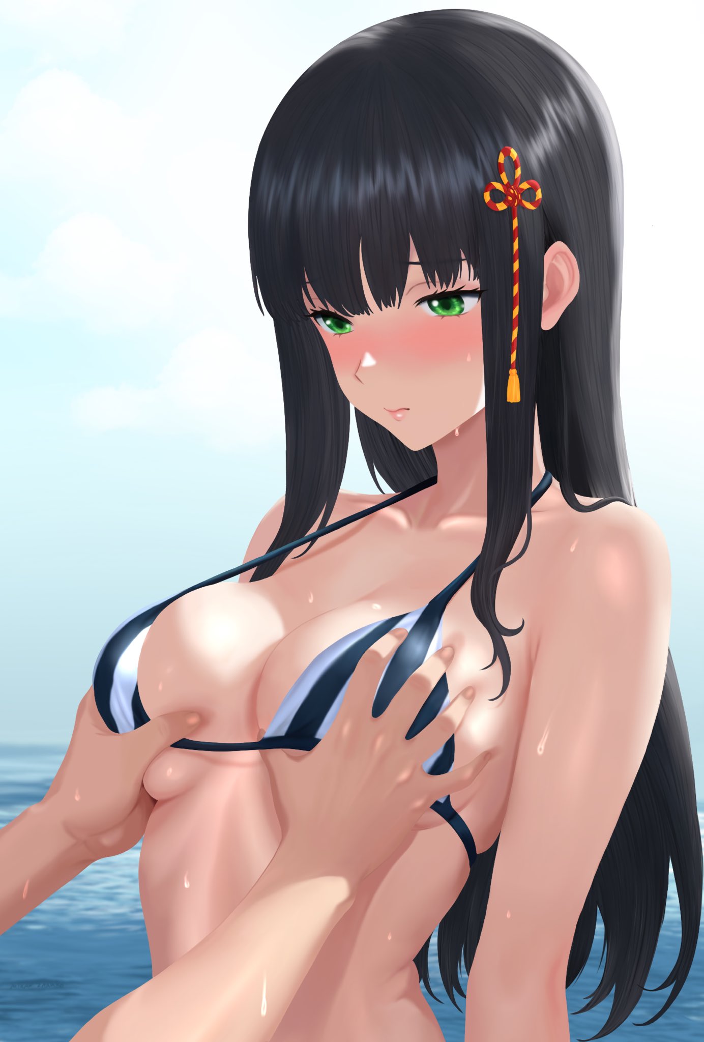 1boy, armpit crease, bikini, black bikini, black hair, blue sky, blush, breasts, closed mouth, collarbone, commentary, day, embarrassed, english commentary, eyelashes, female, green eyes, groping, hair ornament, hifumi togo, highres, long hair, male, medium breasts, mikan zakuro, ocean, out of frame, outdoors, persona, persona 5, shadow, sidelocks, sky, straight, striped bikini, striped clothes, swimsuit, tassel, tassel hair ornament, tougou hifumi, upper body, very long hair, white bikini
