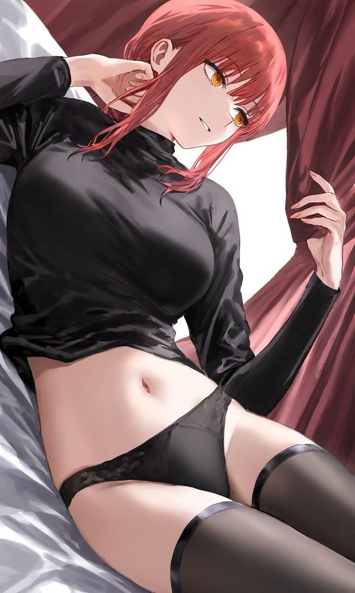 1girls, artist request, black panties, black stockings, black thighhighs, chainsaw man, female, makima (chainsaw man), red hair, solo, stockings, tagme, thighs, yellow eyes
