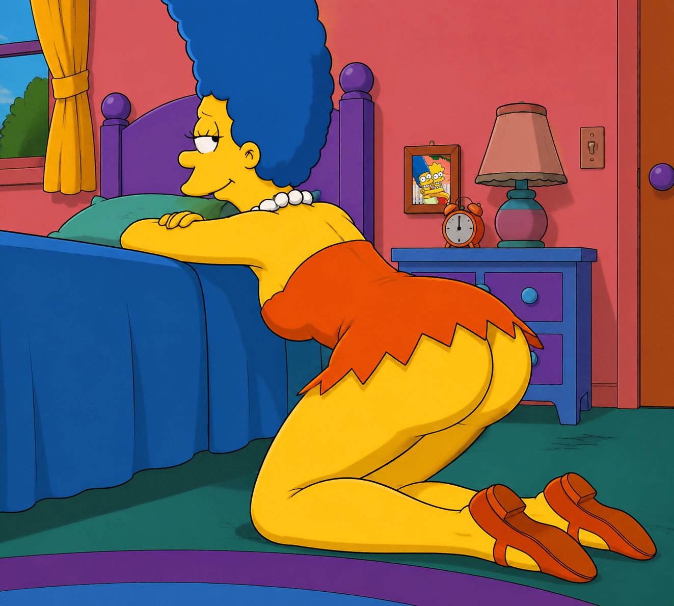 1girls, 20th century fox, 20th century studios, ai generated, ass, ass focus, bed, bedroom, beehive hairdo, blue hair, clothes swap, dress, female, female focus, female only, kneeling, kneeling on ground, lisa simpson, marge simpson, mature, mature female, milf, mother, necklace, picture frame, the simpsons, upskirt, yellow body, yellow skin
