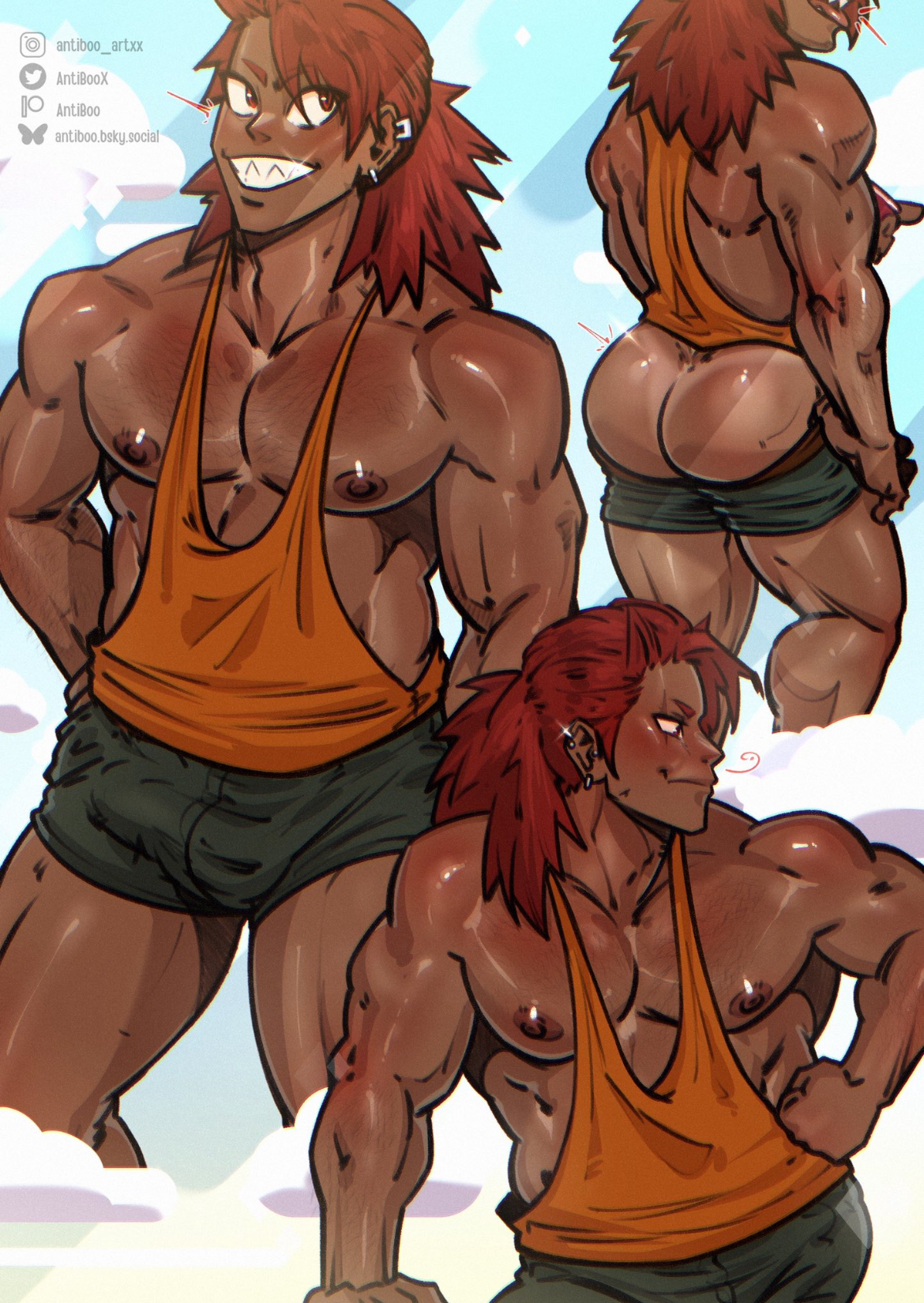 antibooart, ass, ass focus, boku no hero academia, brown nipples, bulge, bulge through clothing, dark skin, dark-skinned male, eijirou kirishima, gay, gay male, kirishima eijirou, male, male only, muscular, muscular male, my hero academia, nipples, partially clothed, pecs, red hair, shorts down, smile, solo, tanline, thong tanline, yaoi