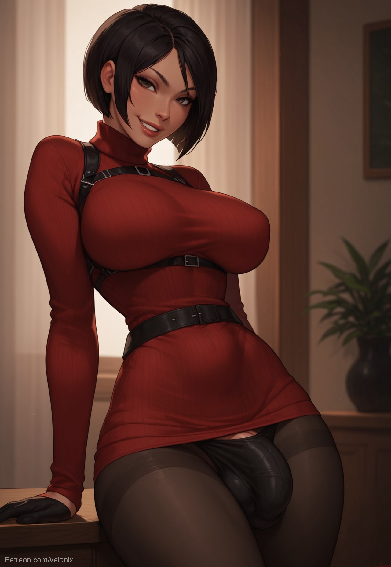 1futa, ada wong, ai generated, ass, balls, big ass, big breasts, big butt, big hips, big penis, black eyes, black hair, black panties, breasts, cleavage, clothed, clothing, dick, dickgirl, eyebrows, eyelashes, futa only, futanari, grin, grinning, grinning at viewer, gun, gun holster, hair, hands-free, holster, huge cock, indoors, intersex, lips, long hair, looking at viewer, makeup, medium hair, narrow waist, narrowed eyes, nose, panties, panty, pantyhose, penis, red sweater, resident evil, resident evil 2, resident evil 2 remake, resident evil 3, resident evil 3 remake, seducing, seductive, seductive eyes, seductive gaze, seductive look, seductive mouth, seductive pose, seductive smile, short hair, smile, smile at viewer, smiley face, smooth balls, smooth penis, smooth skin, solo, solo dickgirl, solo focus, solo futa, straps, sweater, testicles, turtleneck, velonix