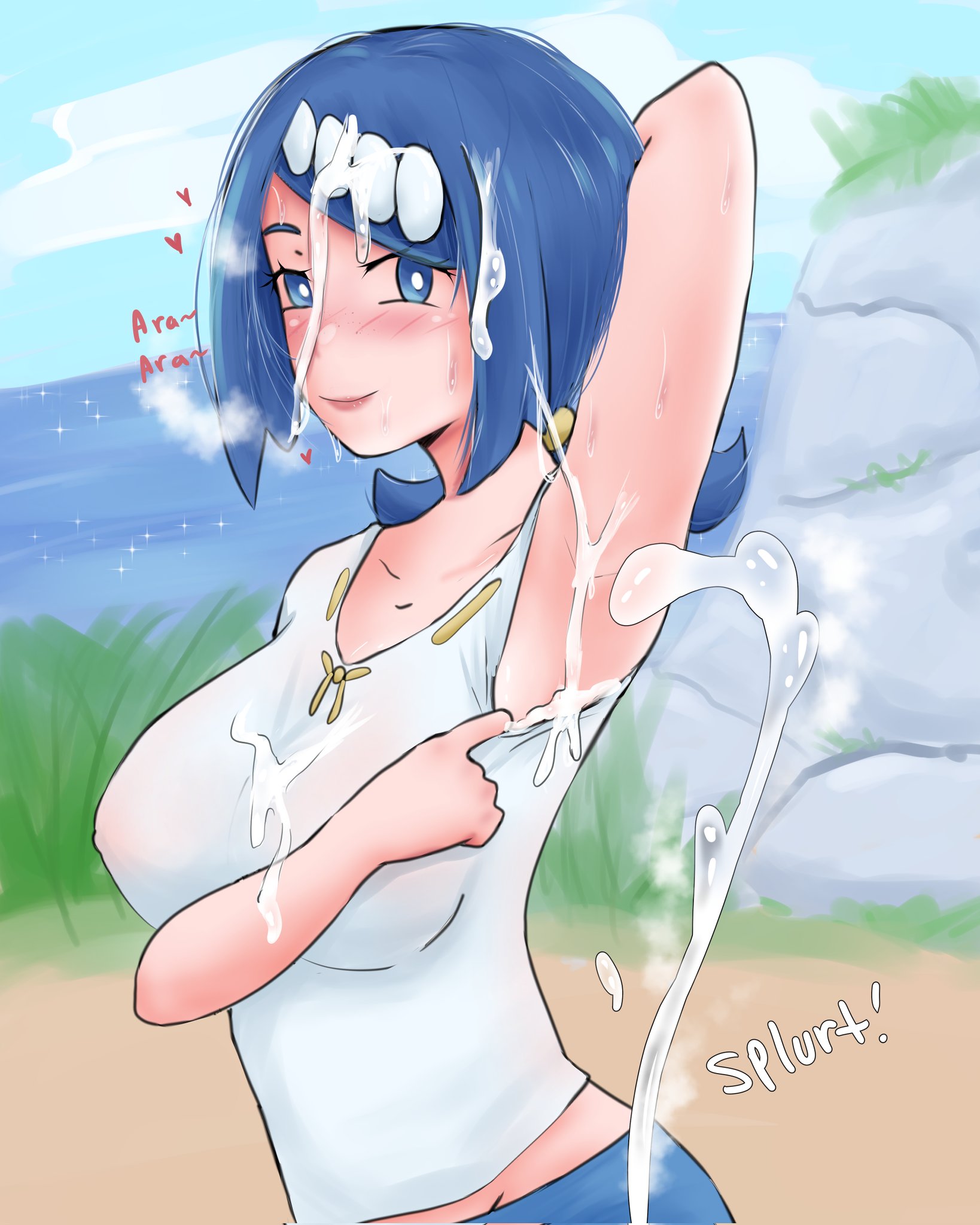 1girls, armpits, arms up, blue eyes, blue hair, blush, cum, cum on armpit, female, lana's mother (pokemon), milf, nintendo, pokemon, pokemon sm, sal y limonx