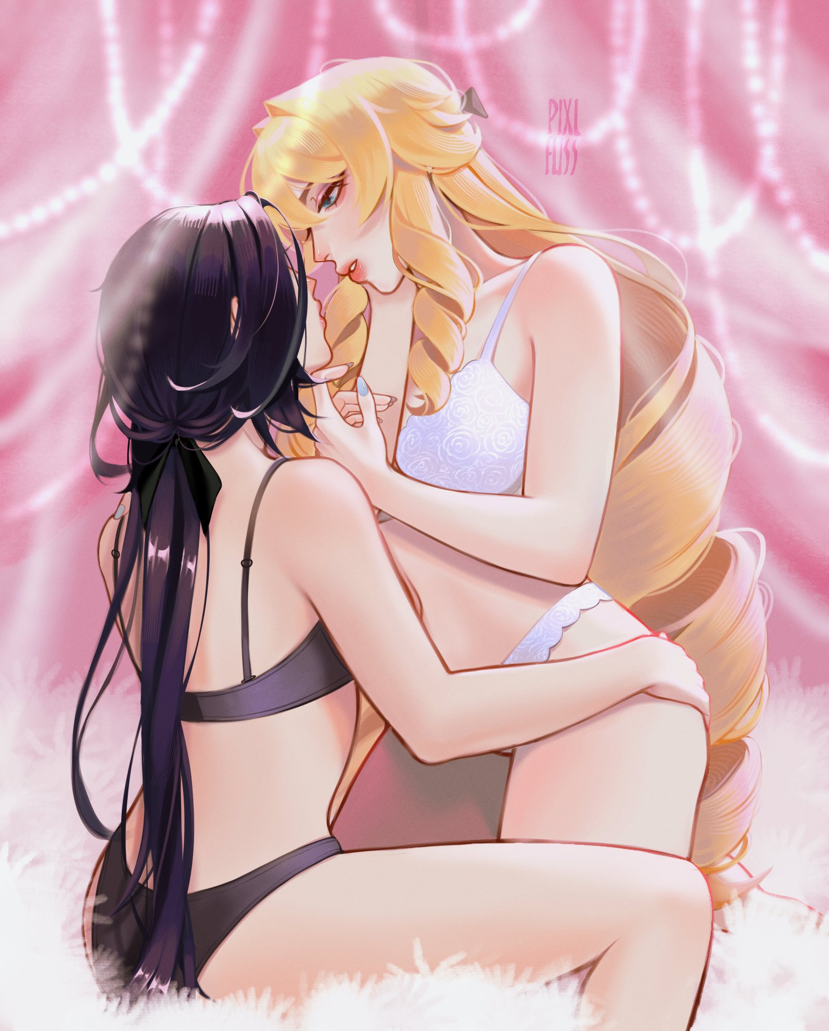 2girls, artist request, bisexual, blonde hair, blue eyes, clorinde (genshin impact), female, female only, genshin impact, lingerie, lovers, navia (genshin impact), pink background, purple hair, wholesome, yuri